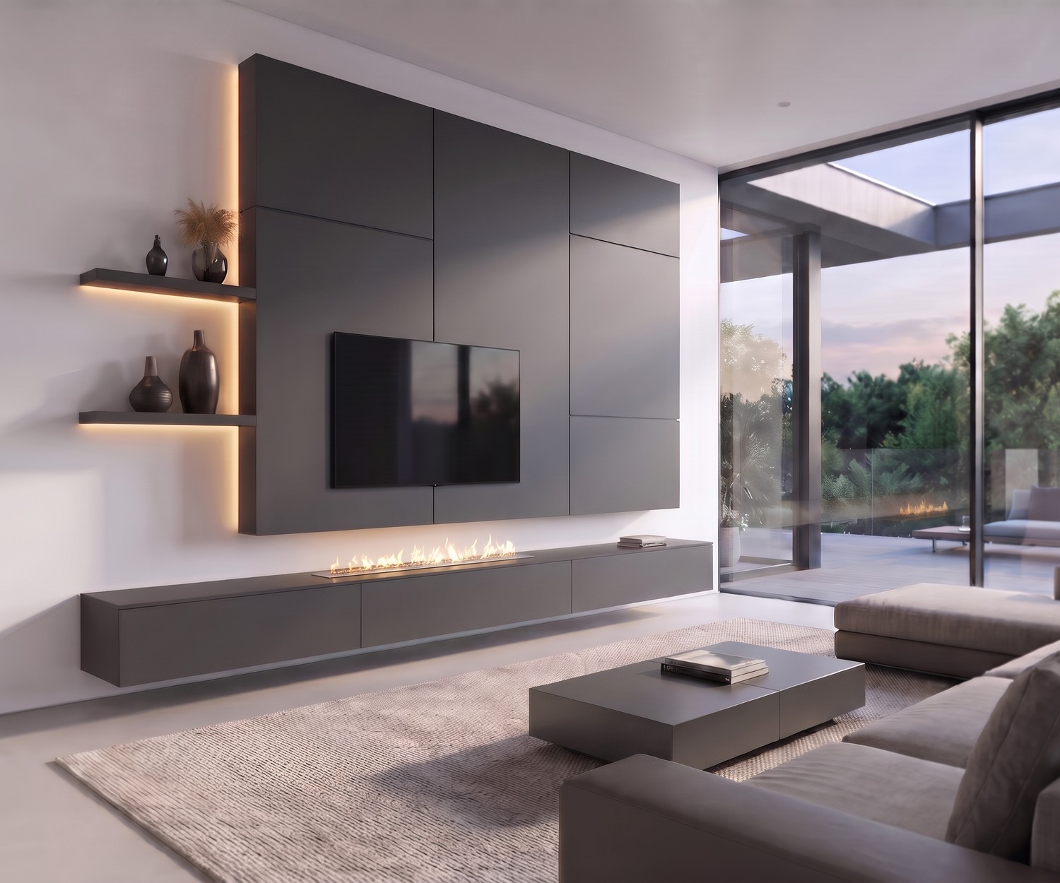 Livitalia Wohnwand C102 mit Kamin: Moderner TV-Schrank in Anthrazit mit schwebendem Lowboard & LED-Regalen im Wohnzimmer.