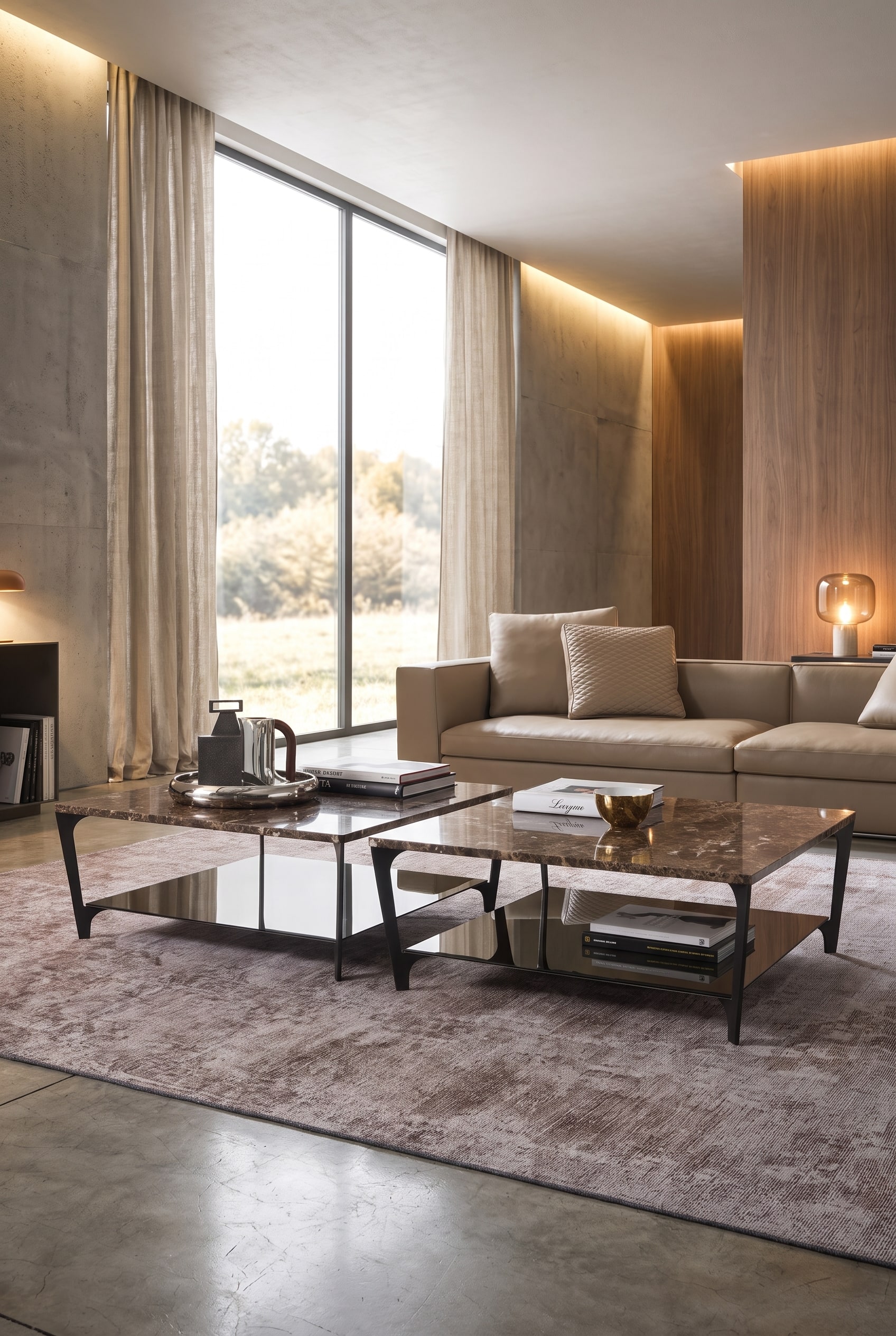 Quadratischer Couchtisch mit zwei Ebenen aus Keramik und dunklem Glas vor einem modernen Sofa