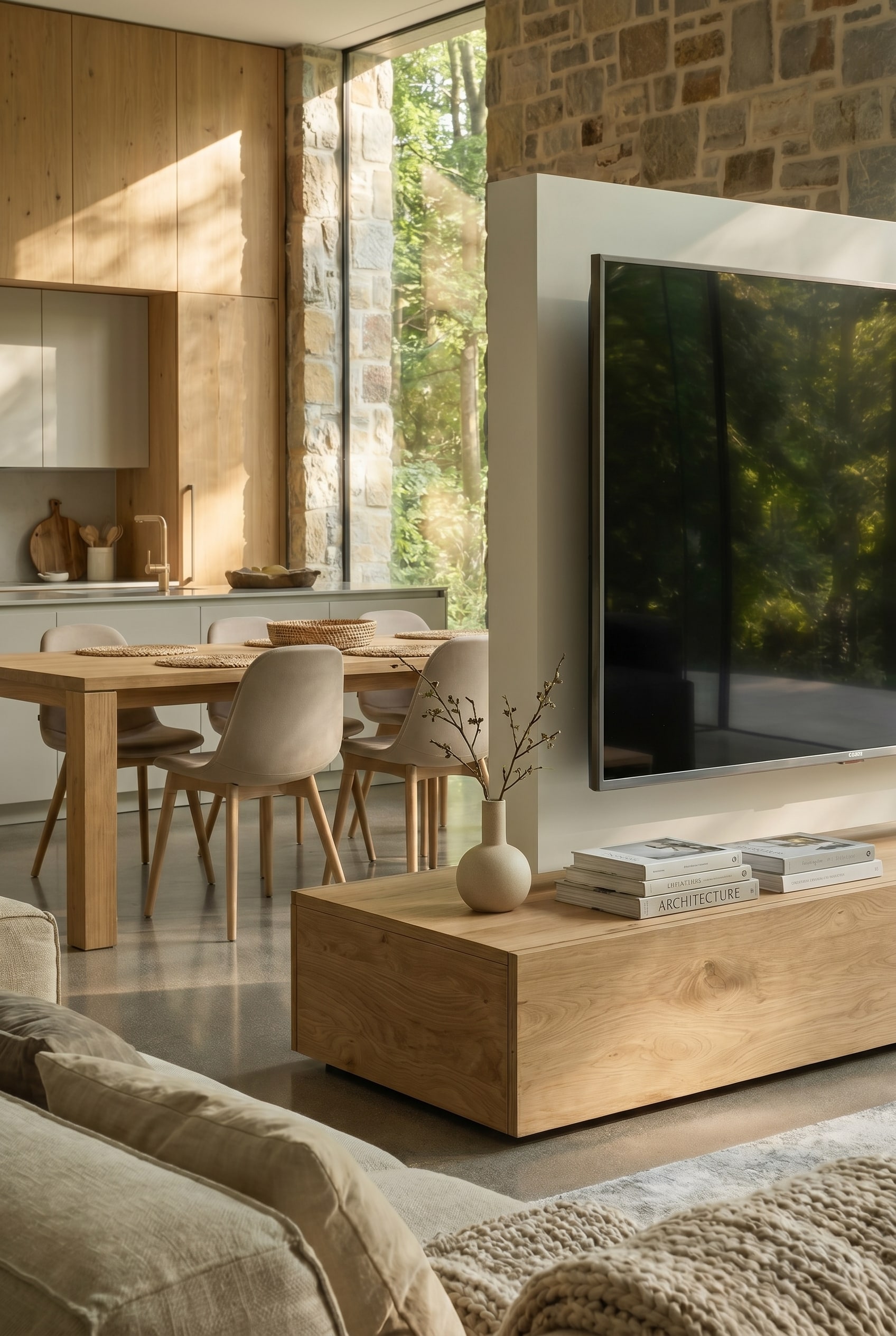 Harmonische Materialkombination zwischen Kücheninsel und zentralem Trennmöbel in einer Wohnküche Harmonische Materialkombination zwischen Kücheninsel und zentralem Trennmöbel in einer Wohnküche