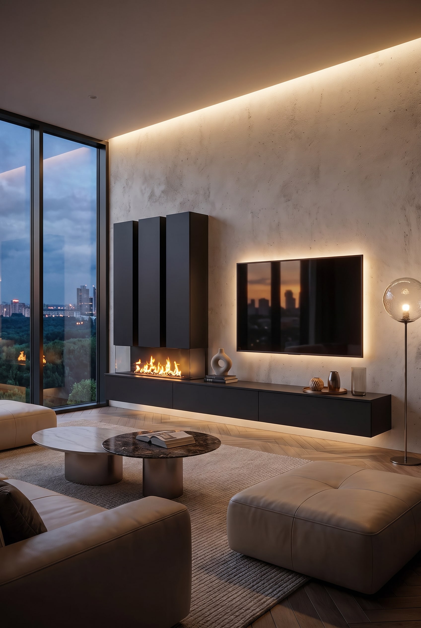Elegantes Wohnzimmer mit tiefschwarzer, matter Wohnwand, unsichtbarem Fernseher und leuchtendem Kaminfeuer
