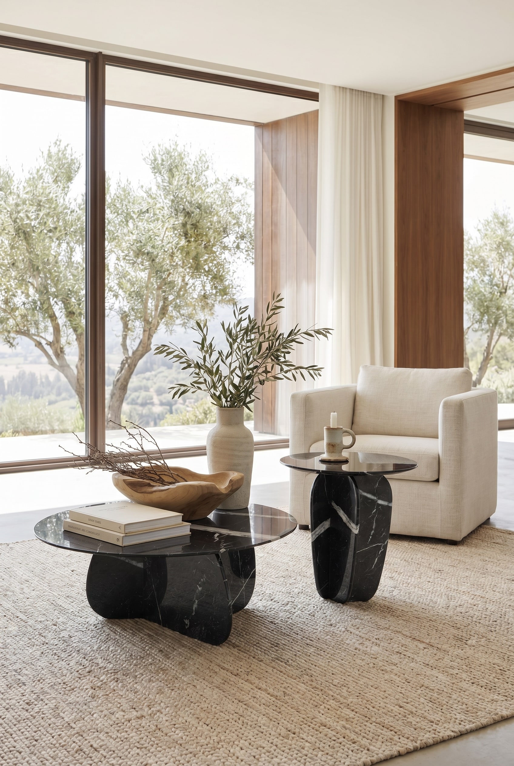 Punt Couchtisch Coral mit Holzgestell und dunkler Marmorplatte in einem lichtdurchfluteten Wohnzimmer