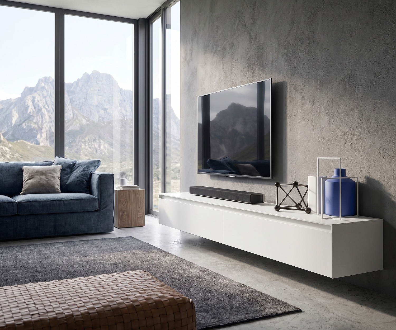 Hängendes TV Lowboard Reverse von Novamobili im modernen Wohnzimmer mit Betonwand