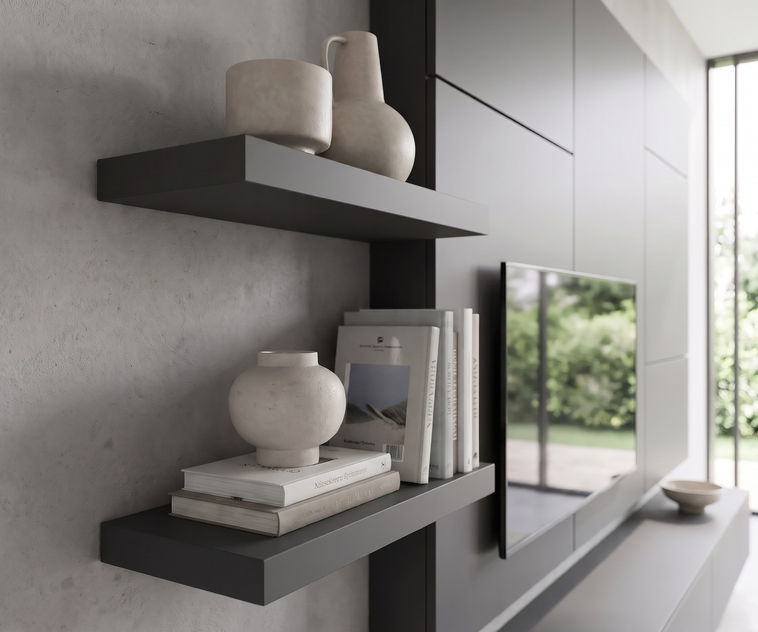Livitalia TV-Wohnwand C102 mit Wandregalen TV-Wohnwand C102 von Livitalia mit schwebenden Wandregalen in Anthrazit für Bücher und Deko im modernen Wohnzimmer.