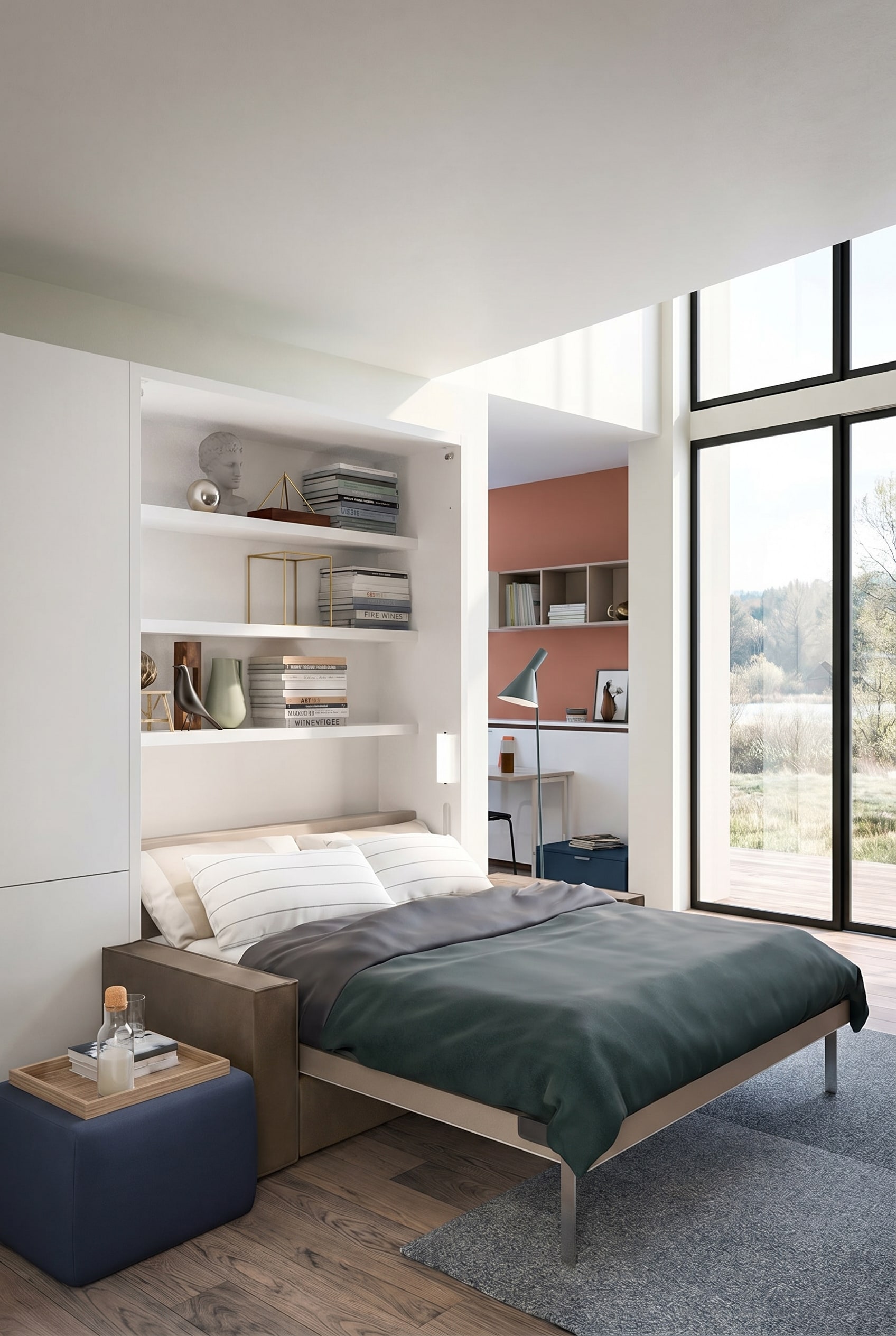 Modernes Zimmer mit einem elegant in die weiße Schrankwand integrierten Clei Penelope 2 Schrankbett.