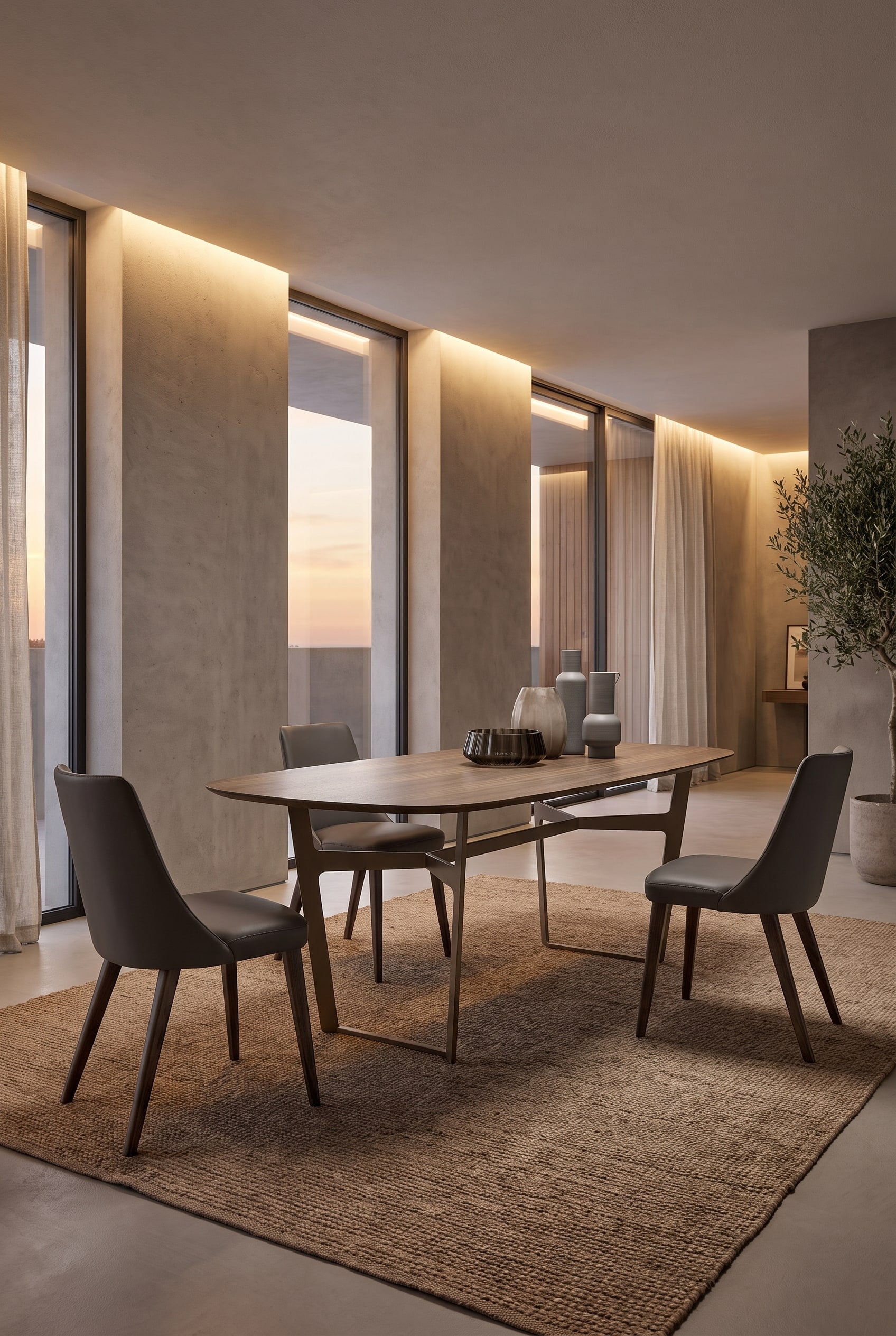 Minimalistisches Esszimmer mit rechteckigem Holzesstisch, drei grauen Keramikvasen und beigen Polsterst&uuml;hlen