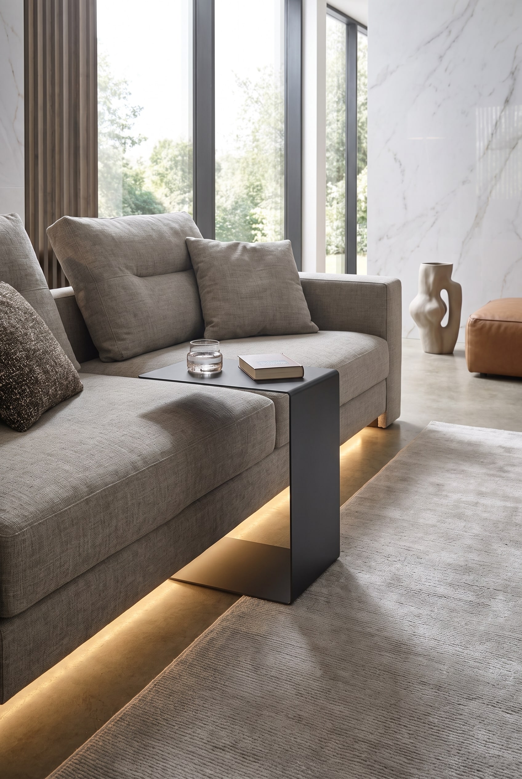 Nahaufnahme eines modernen Sofas mit einem filigranen Beistelltisch in C-Form aus mattschwarzem Metall, der über das Polster ragt.