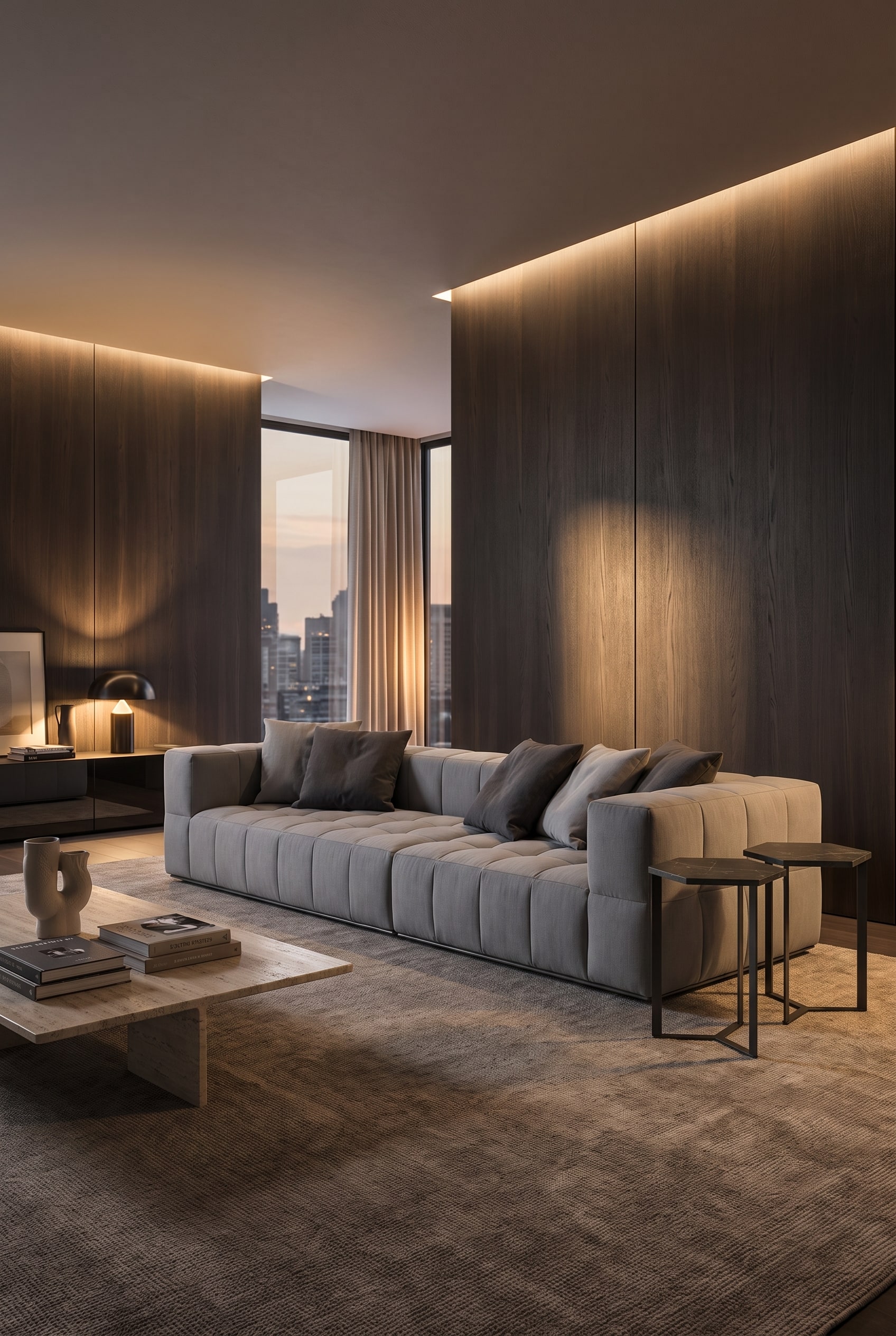 Tiefgrünes Marelli Lounge Sofa Andy in einem eleganten Wohnzimmer mit geräucherter Eiche und einem Travertin-Tisch