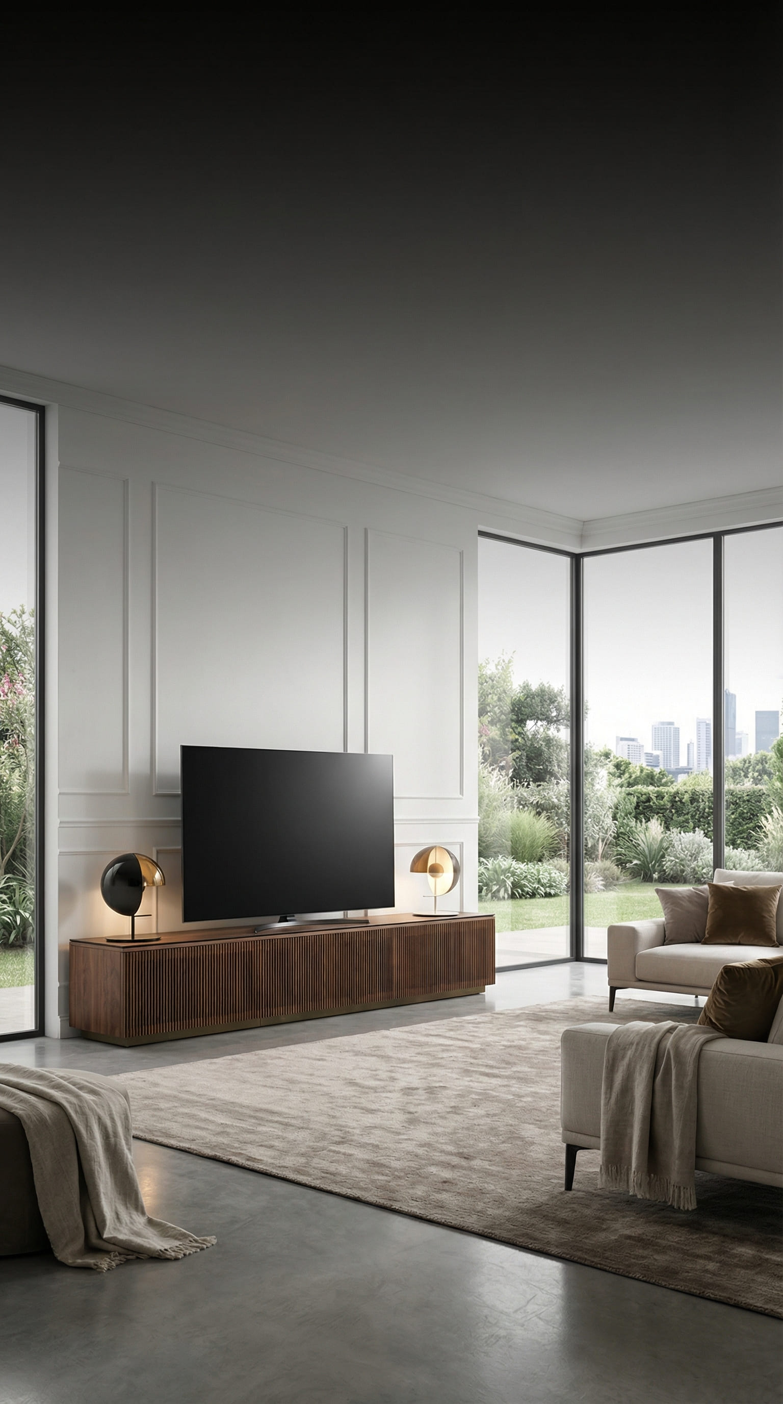 Punt Malmö Lowboard mit Walnuss Lamellenfront und Designleuchte Punt Malmö Lowboard mit Walnuss Lamellenfront und Designleuchte