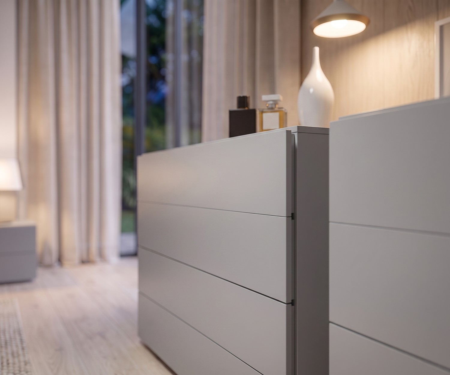 Novamobili Kommode Easy 4 für Stauraum im Schlafzimmer, griffloses Design in Hellgrau für minimalistischen Wohnstil.