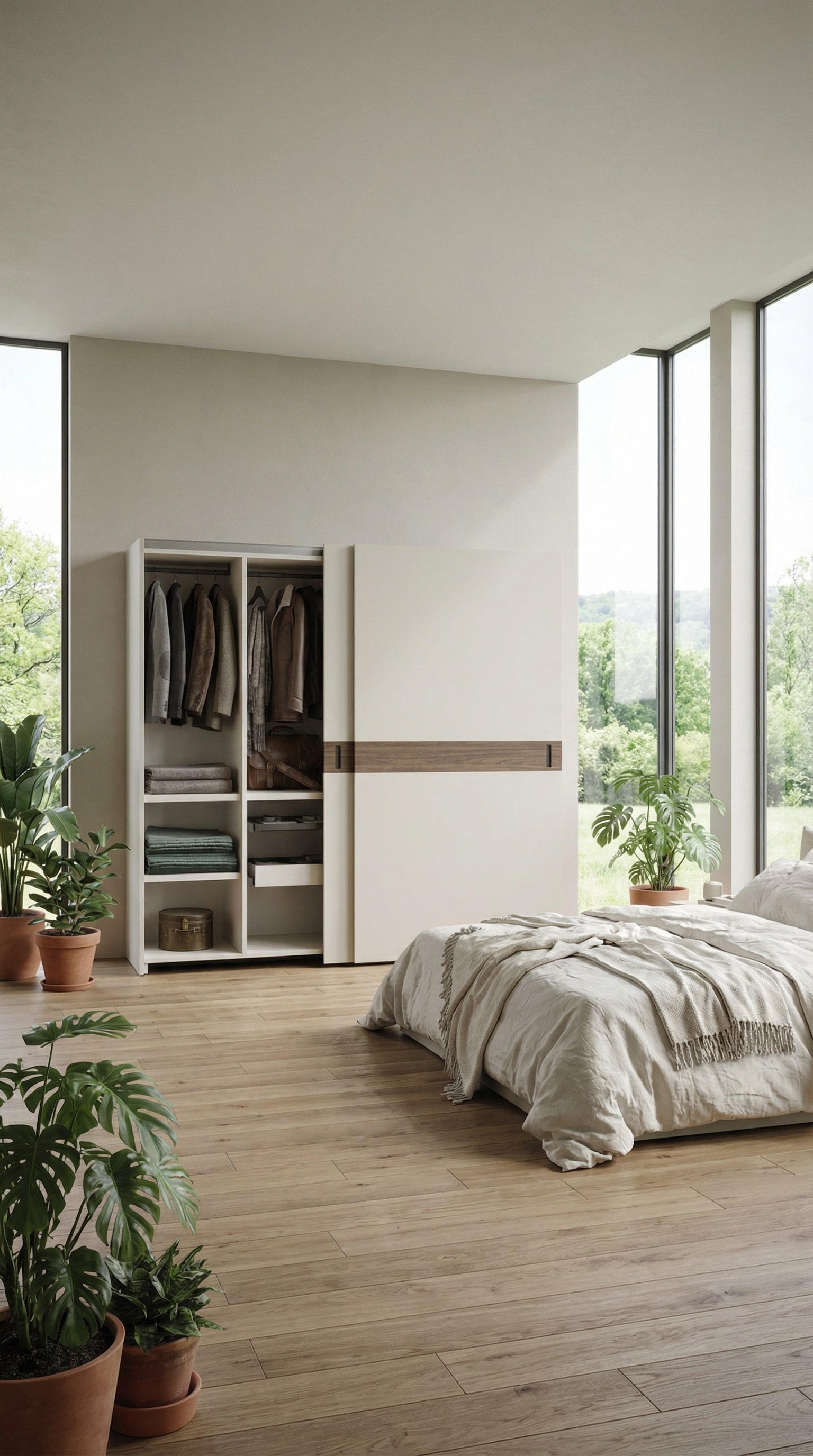 Schlafzimmer mit natürlichen Elementen und dem Novamobili Kleiderschrank Class Schiebetüren, der eine breite horizontale Holzapplikation zeigt. Schlafzimmer mit natürlichen Elementen und dem Novamobili Kleiderschrank Class Schiebetüren, der eine breite horizontale Holzapplikation zeigt.