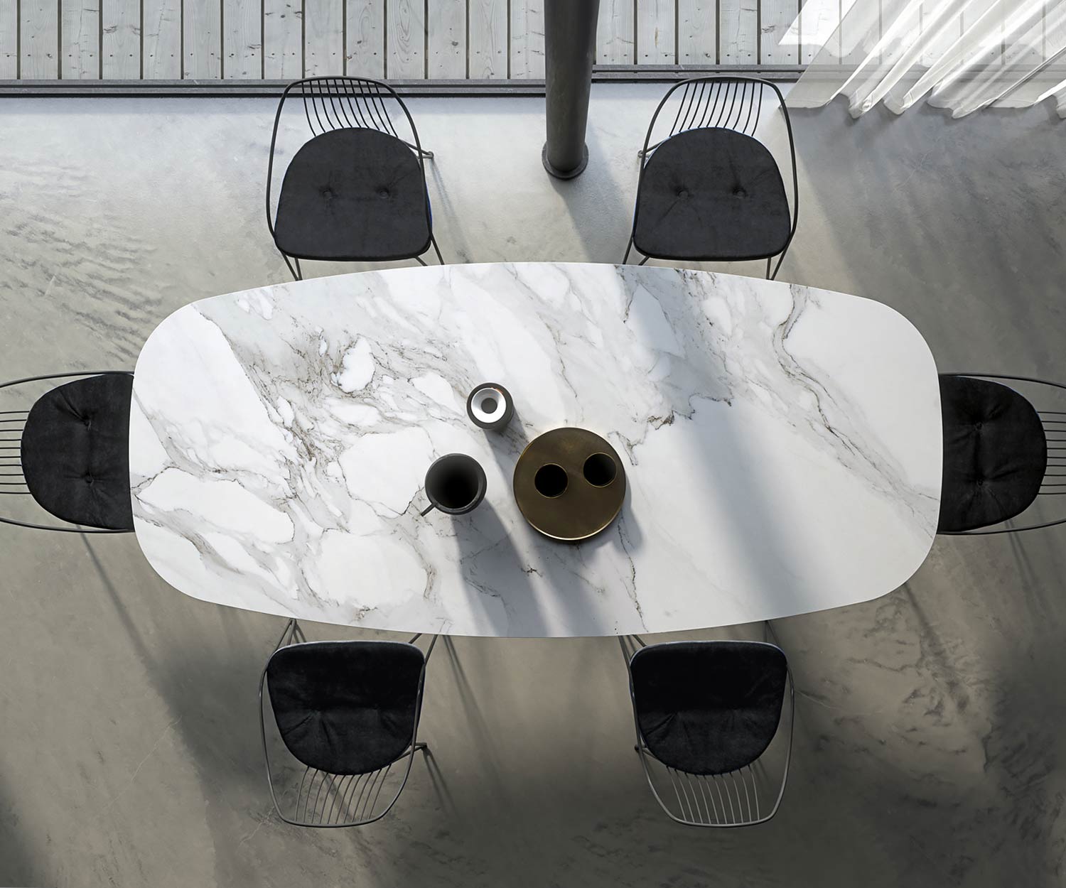 Hochwertiger Designer Esstisch Tischplatte Calacatta Glas Keramik von oben Hochwertiger Designer Esstisch Tischplatte Calacatta Glas Keramik von oben