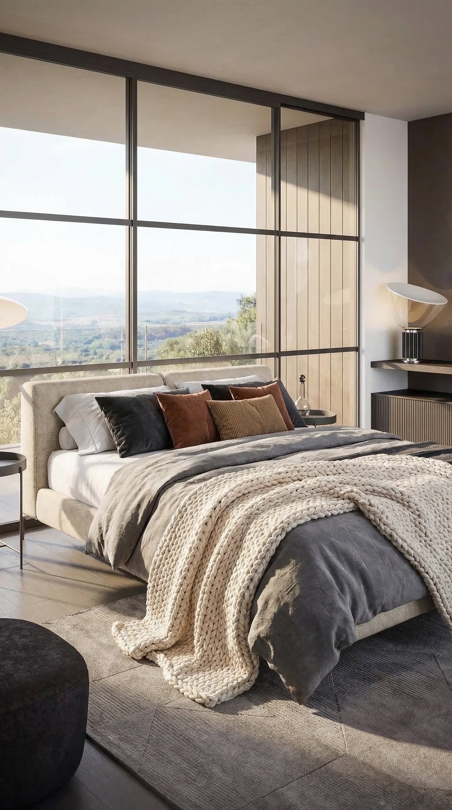 Gemütliches, üppig geschichtetes Bett mit Samtkissen und Strickdecke Gemütliches, üppig geschichtetes Bett mit Samtkissen und Strickdecke