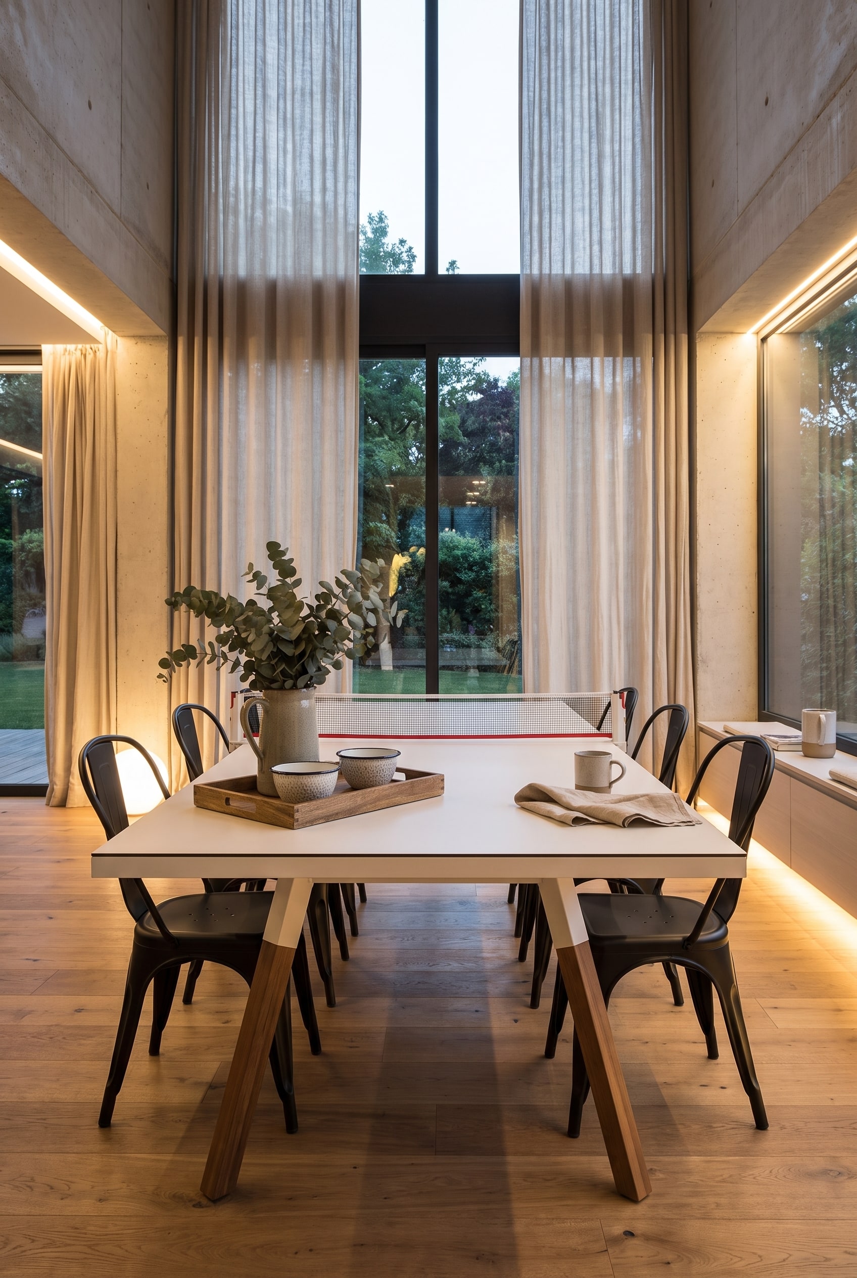 Helles Esszimmer mit weißem Multifunktionstisch, Holztablett mit Emaille-Schalen und schwarzen Metallstühlen