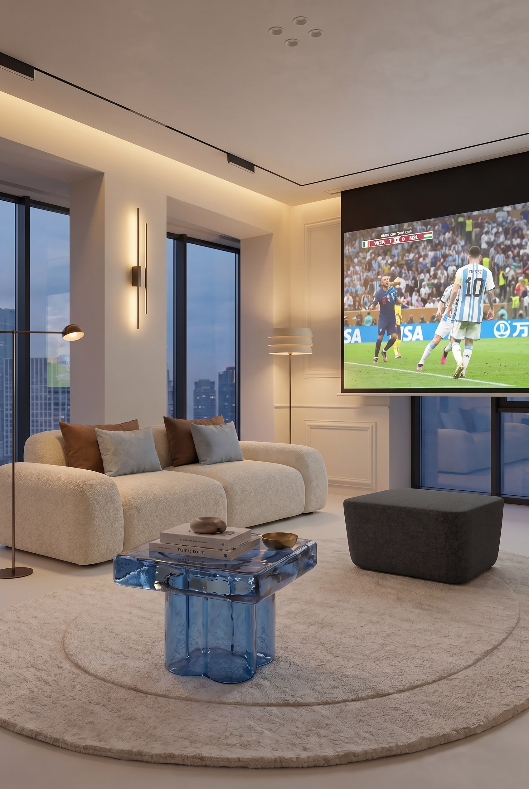 Ein stilvolles Wohnzimmer-Setup mit flexiblen Poufs und einem transparenten, quadratischen Glastisch, perfekt f&uuml;r einen gem&uuml;tlichen Heimkino-Abend.