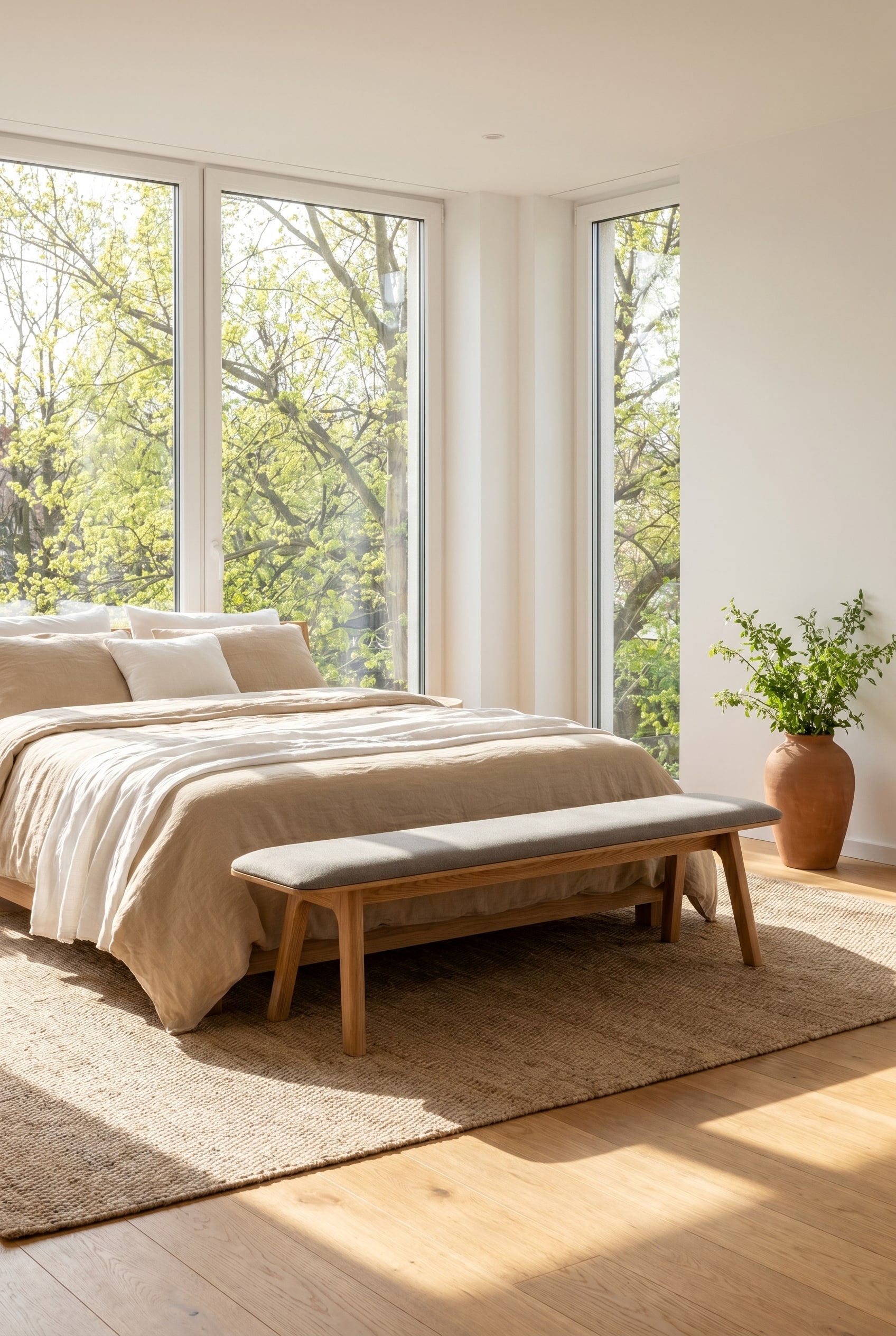 Hochwertige Holzsitzbank mit filigranem Gestell in einem lichtdurchfluteten, nat&uuml;rlichen Schlafzimmer