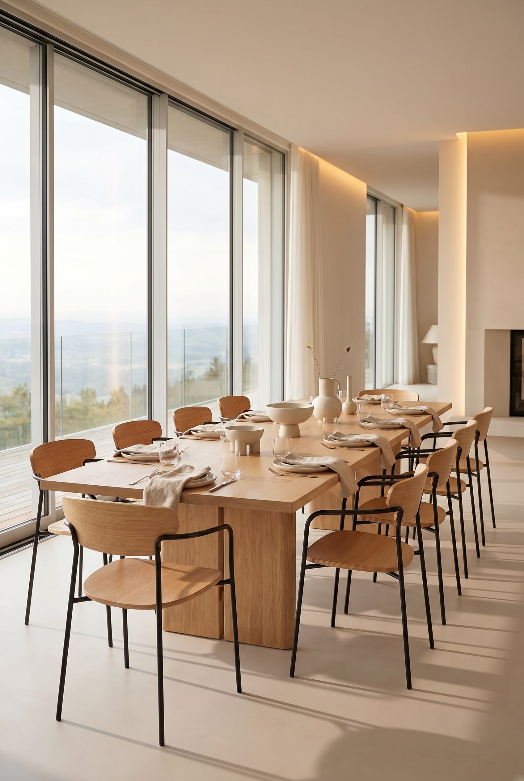 Minimalistischer Holzstuhl mit schwarzem Metallgestell und Eichenholz-Rückenlehne an einem hellen Esstisch im Sonnenlicht