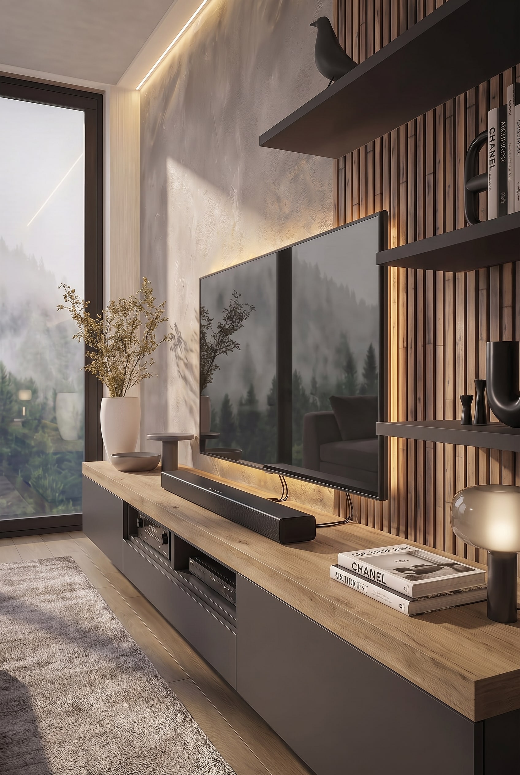 Wohnzimmer mit Livitalia Lowboard C101, dekoriert mit Bildbänden und einer Designerleuchte