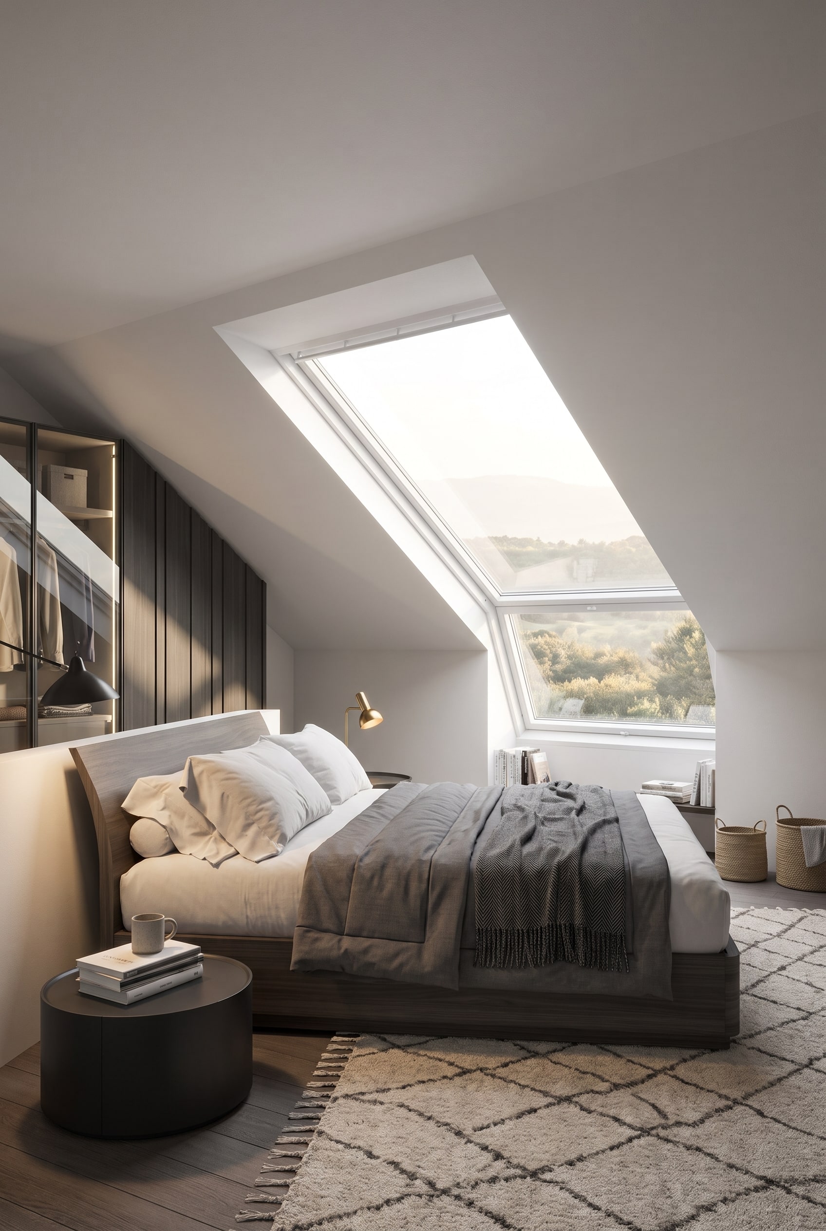 Schlafzimmer unter der Dachschräge mit einem flachen Doppelbett aus Holz und dezentem Kopfteil