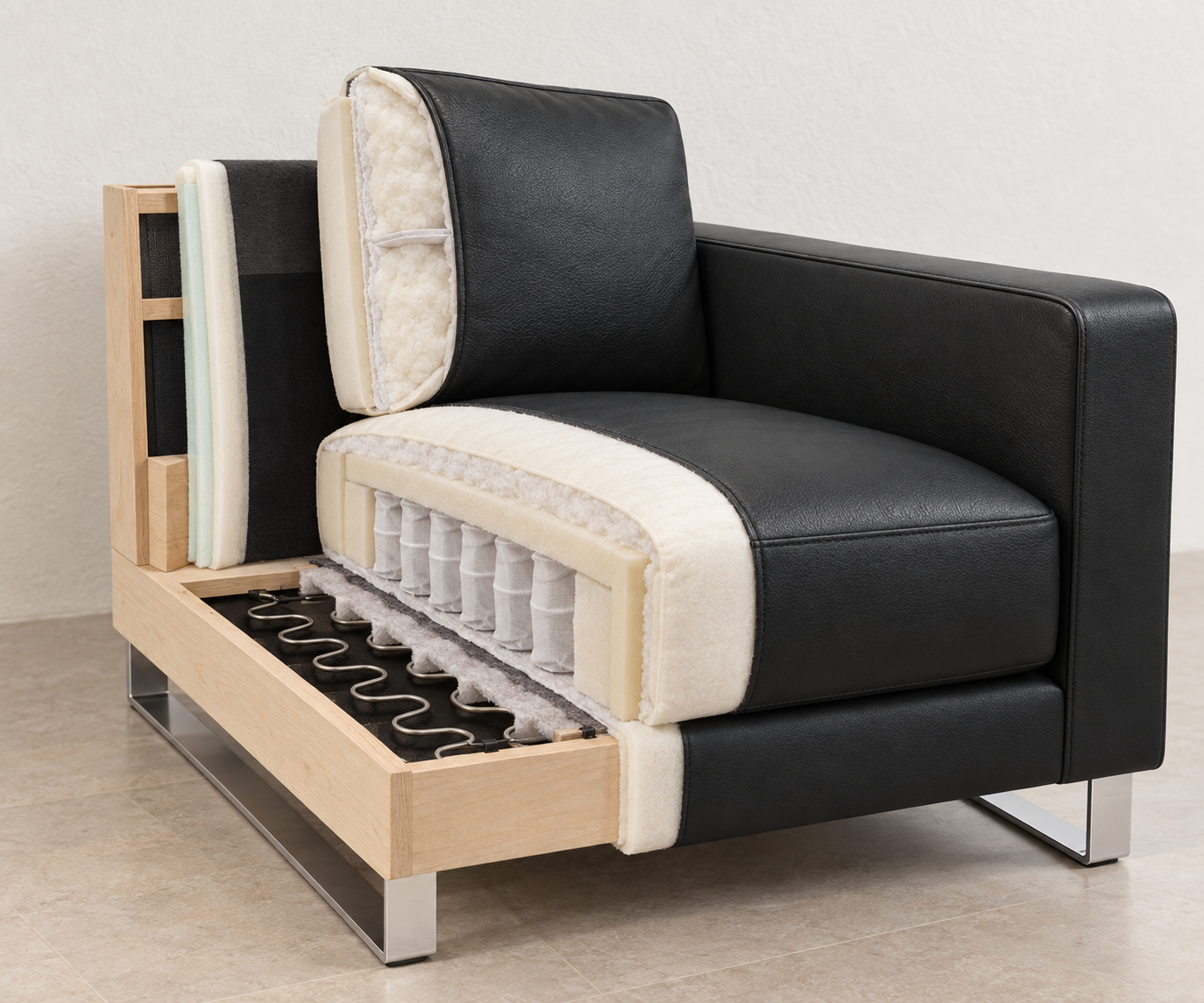 Livitalia Sofa Vinaro, 206 × 91 cm, Seminole 04 Schwarz, Echtleder, Chromkufen – Polsteraufbau im Querschnitt