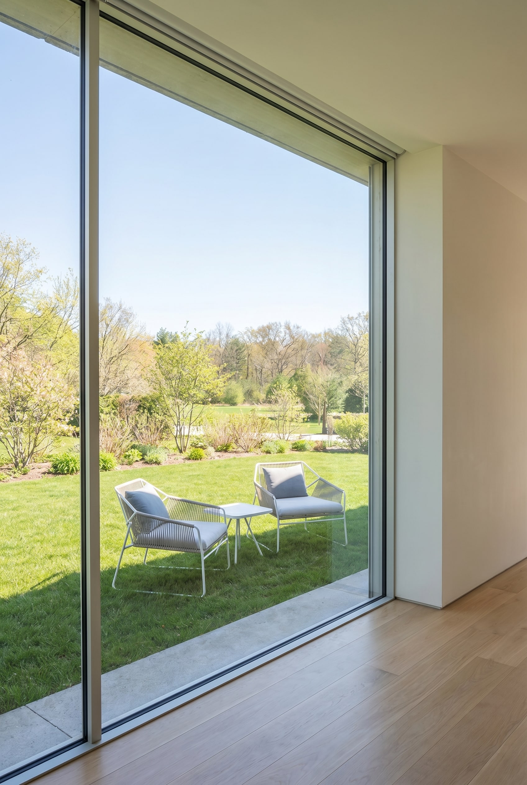 Ein sonnendurchfluteter Gartensitzplatz im Frühling, zentrierte Perspektive auf das Design-Setting Ein sonnendurchfluteter Gartensitzplatz im Frühling, zentrierte Perspektive auf das Design-Setting