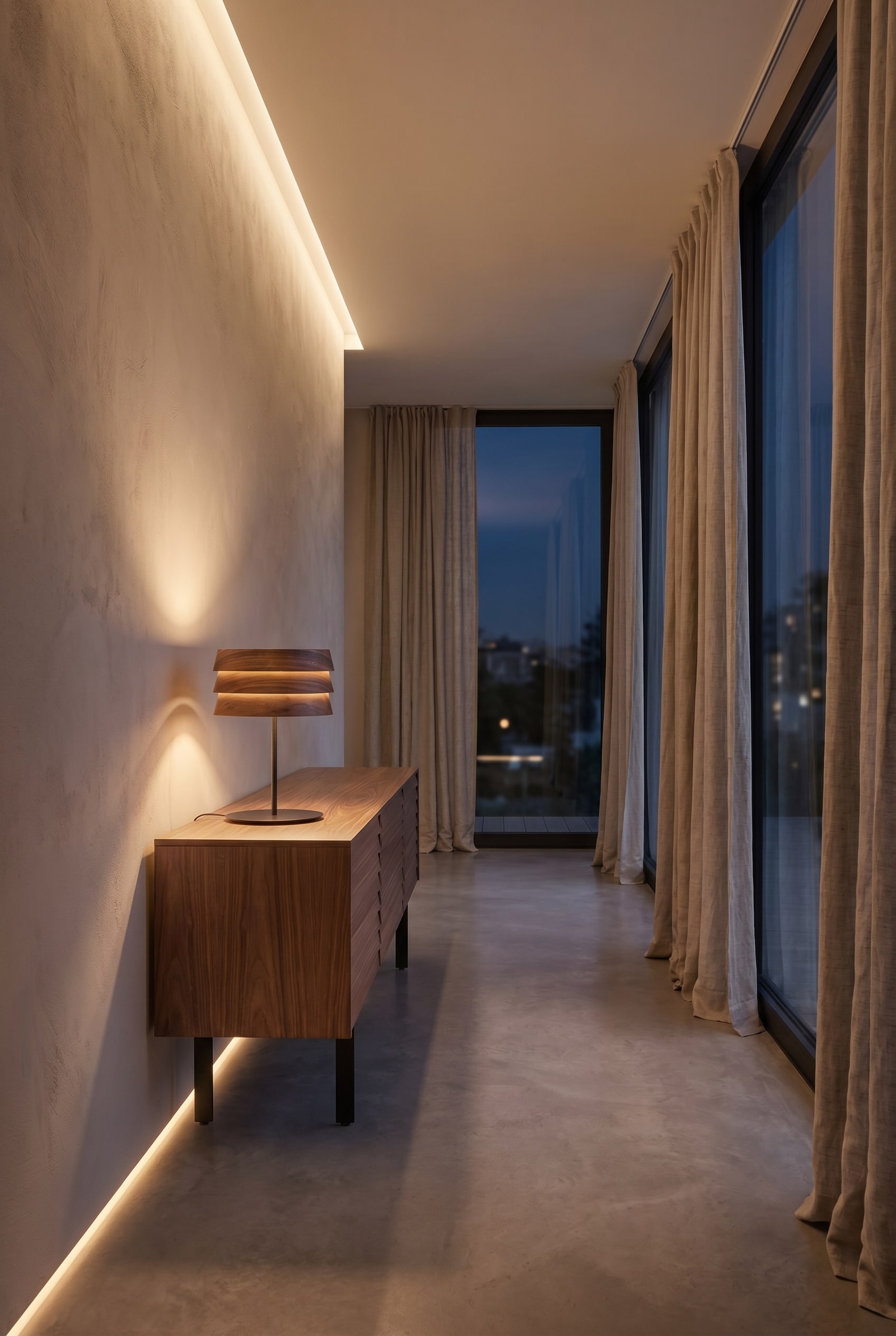Modernes Wohnzimmer mit schmalem Grundriss, Nussbaum-Sideboard und hölzerner Tischleuchte im Schicht-Design bei sanftem Abendlicht