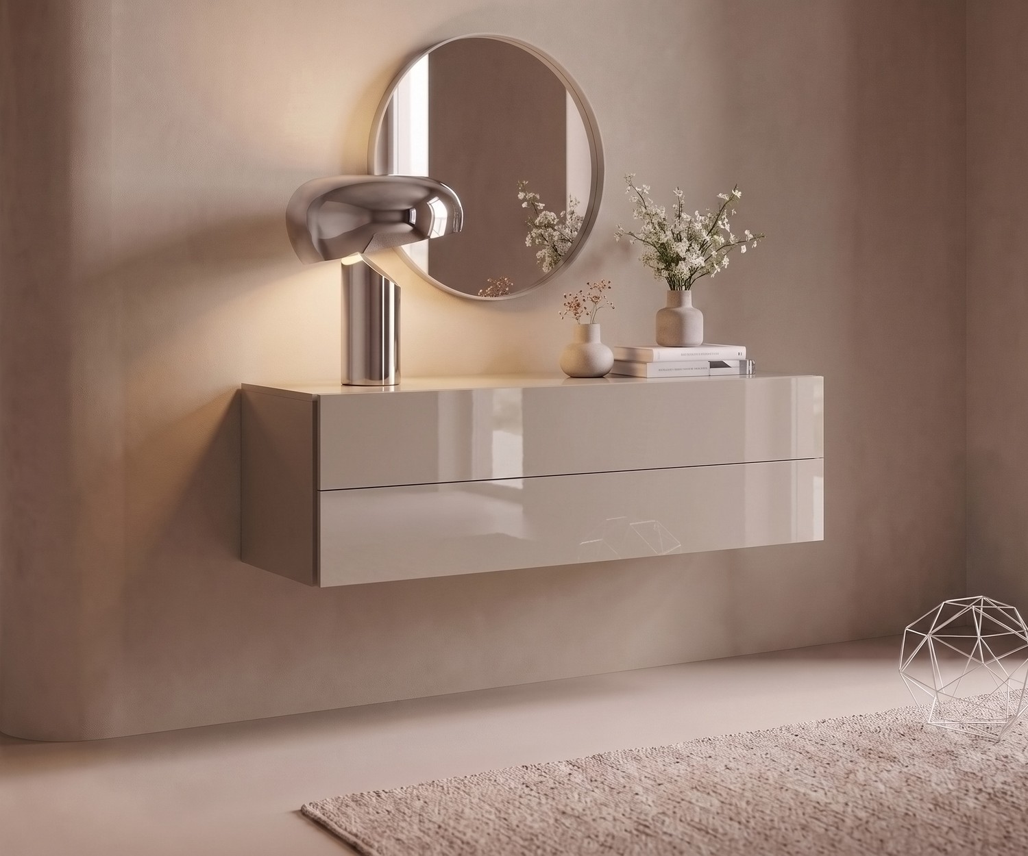 Novamobili Hängekommode Easy in Sandbeige Novamobili Hängekommode Easy im Flur. Schwebendes Sideboard in Hochglanz Sandbeige mit modernem Design & zwei Schubladen.