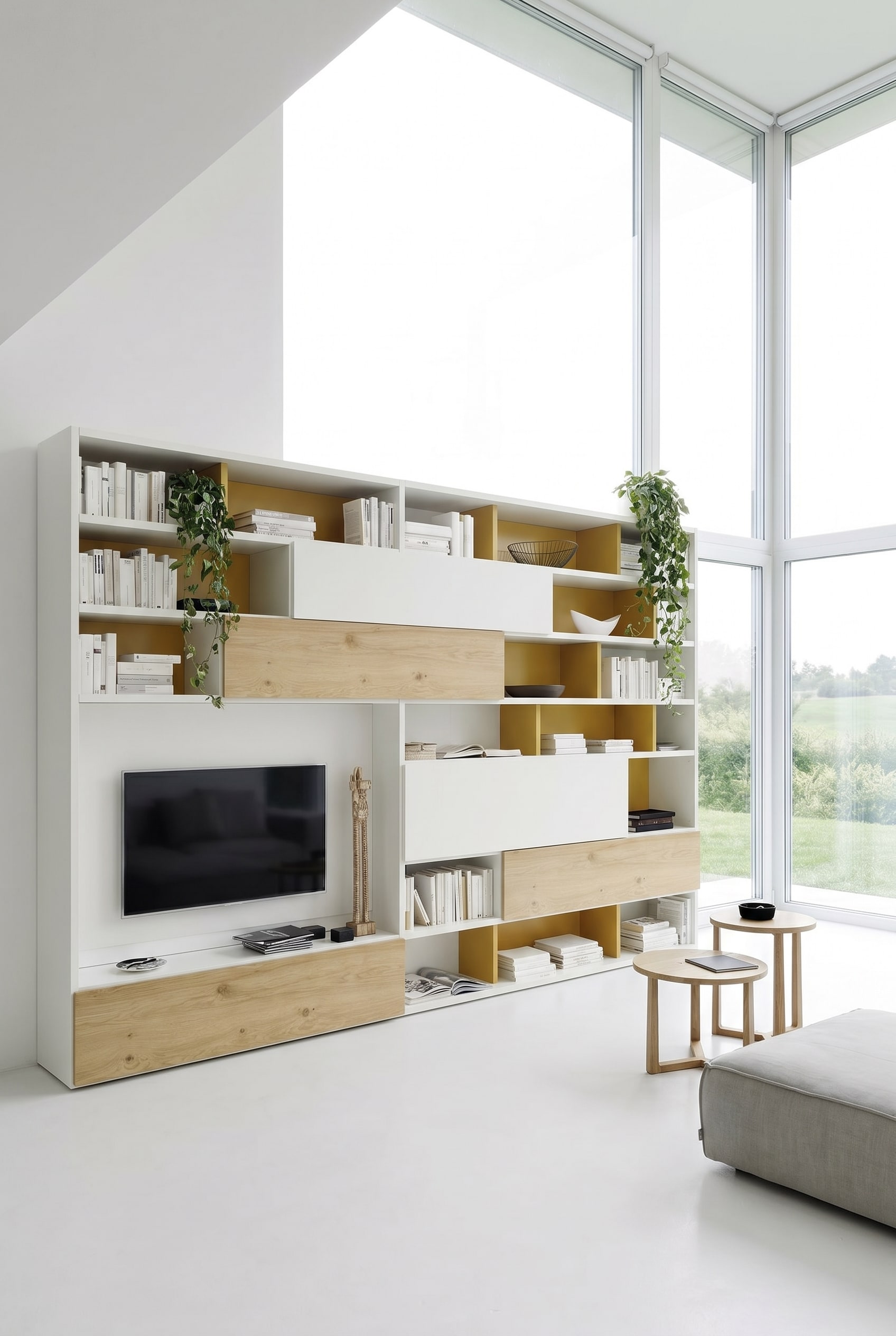 Wohnzimmer mit Bücherregal C51 in heller Eiche und Weiß, dekoriert mit Bildbänden und einer minimalistischen Skulptur