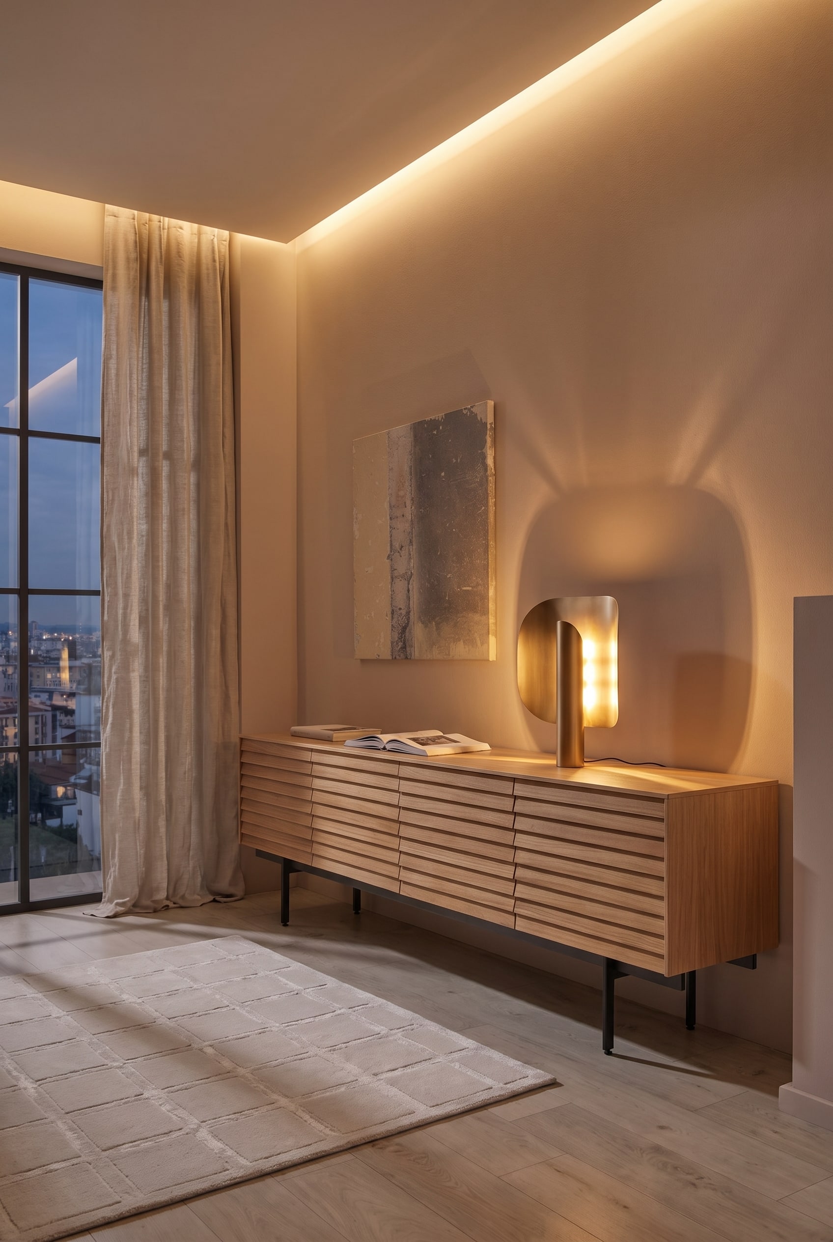 Wohnzimmer mit bodentiefen Fenstern, hellem Lamellen-Sideboard aus Eiche und dar&uuml;ber abstraktem Wandbild