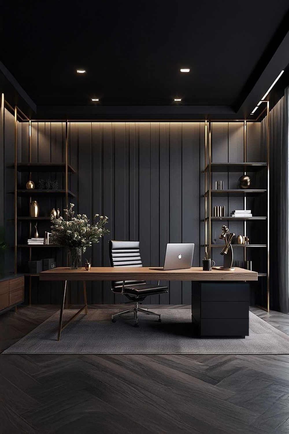 arbeitszimmer-mit-minimalistischem-schreibtisch-samt-kommode-und-edlem-buerostuhl-vor-hohen-offenen-regalen