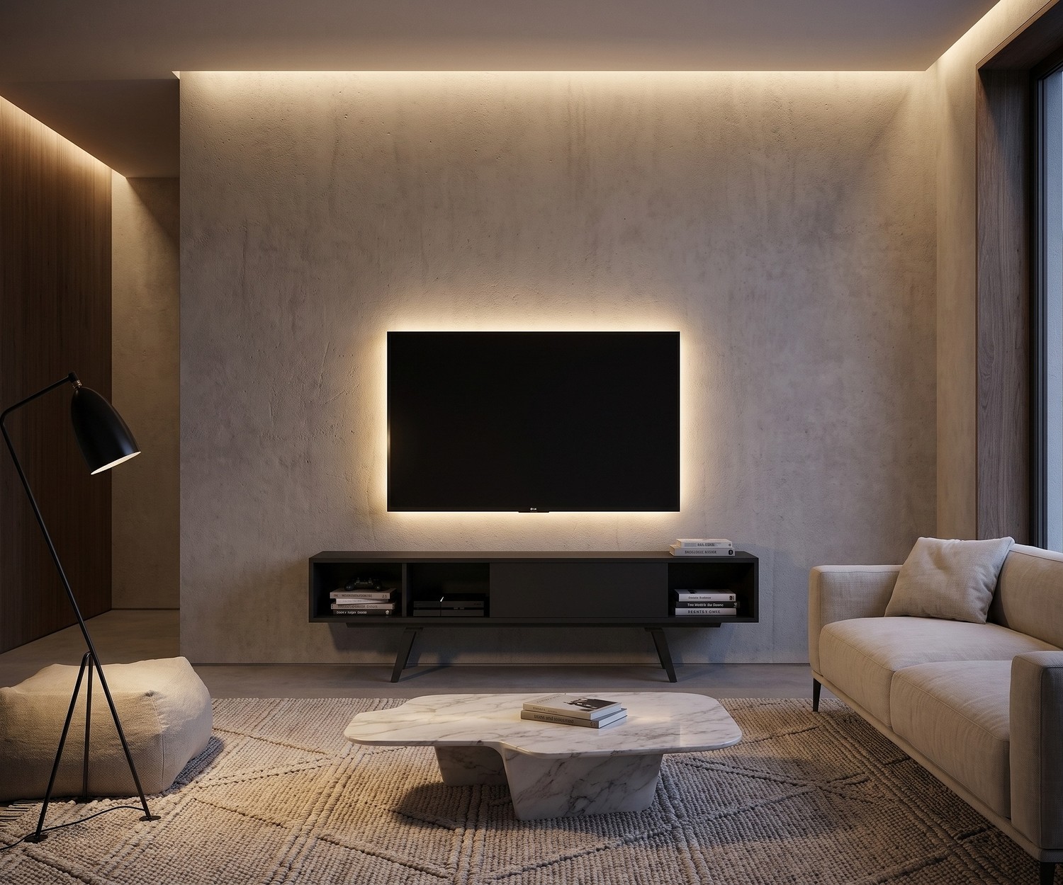 Modernes TV-Lowboard al2 e-klipse 005 in Schwarz al2 e-klipse 005 TV-Lowboard im minimalistischen Wohnzimmer unter einem Fernseher mit Hintergrundbeleuchtung.