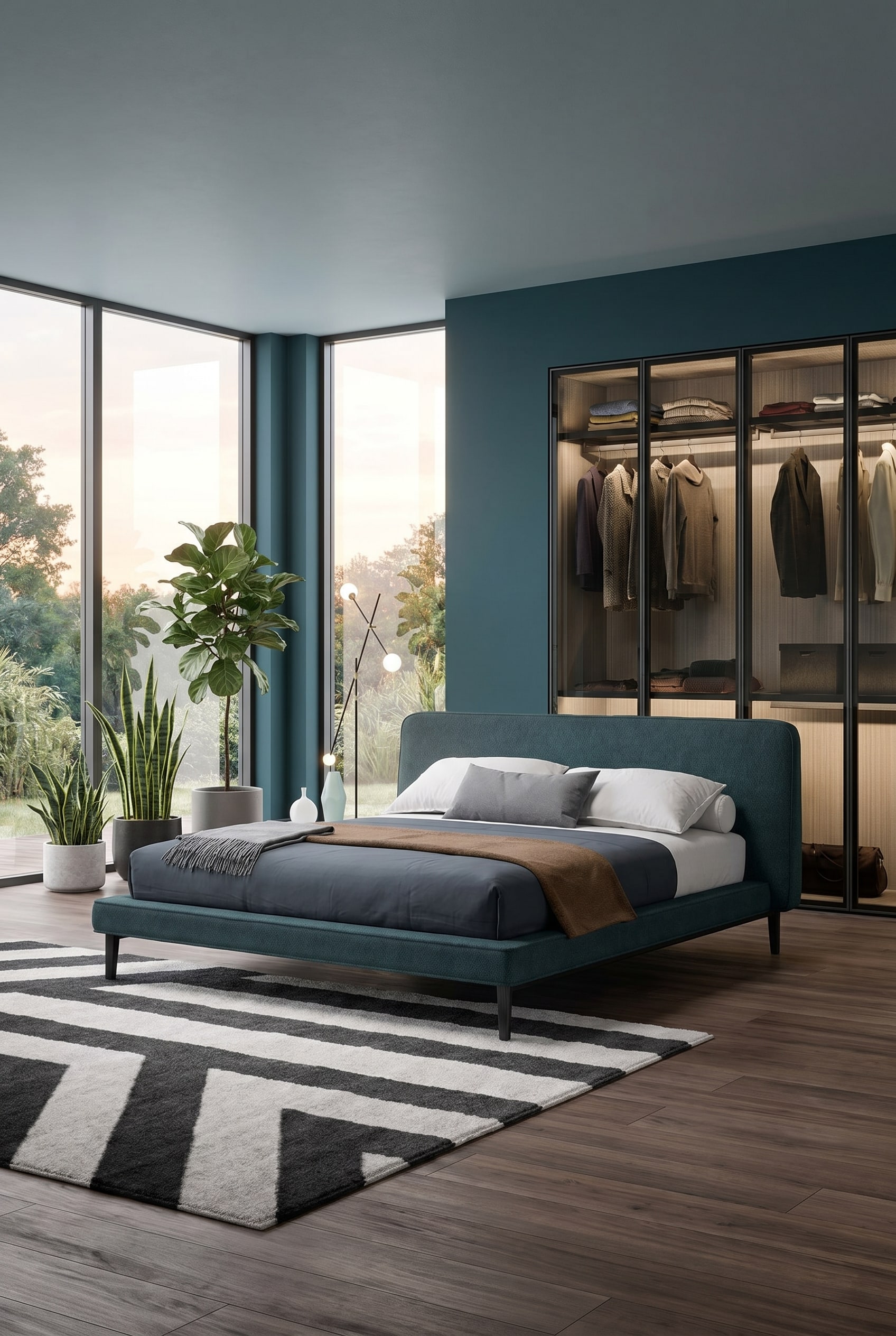 Modernes Schlafzimmer mit einem petrolblauen Polsterbett auf einem gemusterten Teppich vor einer hellen Wand mit schwarzer Stehleuchte