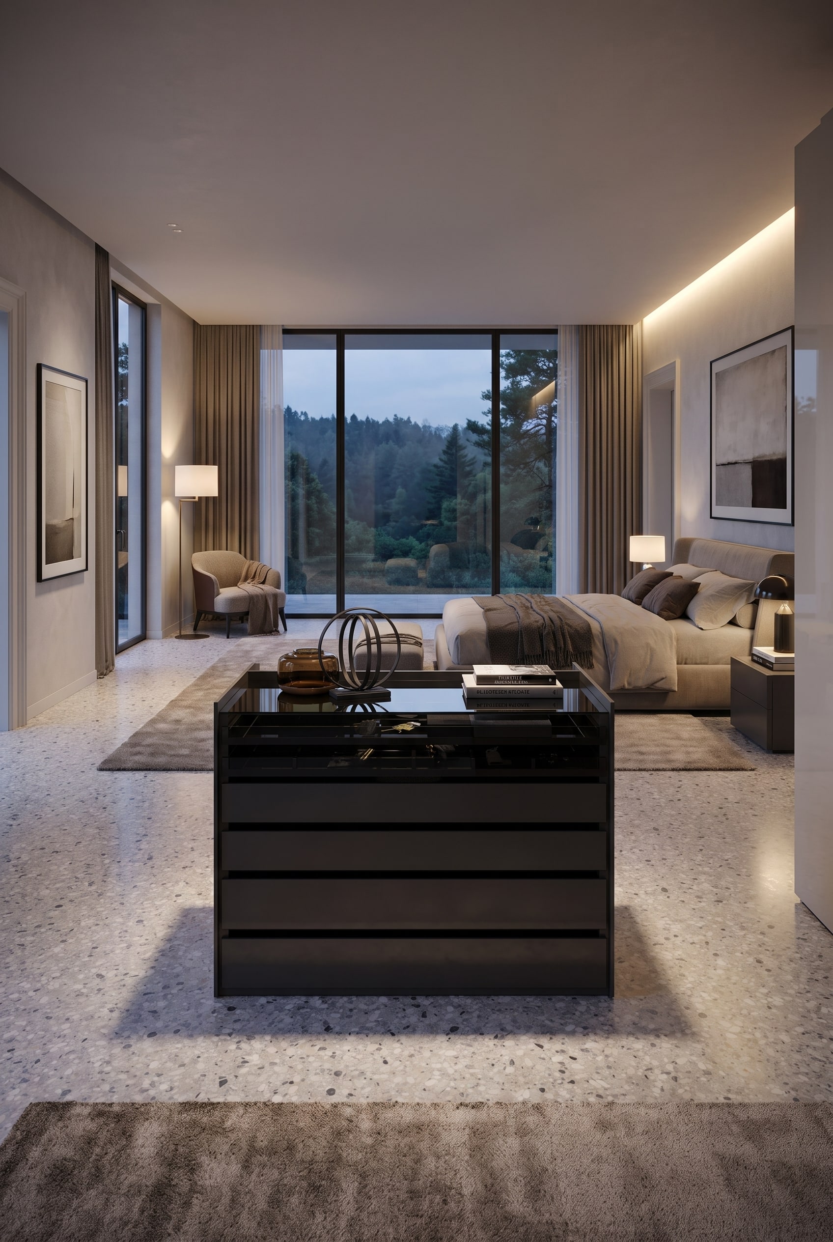 Freistehende Novamobili Aristotele Schrank-Insel mit Glasplatte mitten in einem gro&szlig;en, luxuri&ouml;sen Schlafzimmer