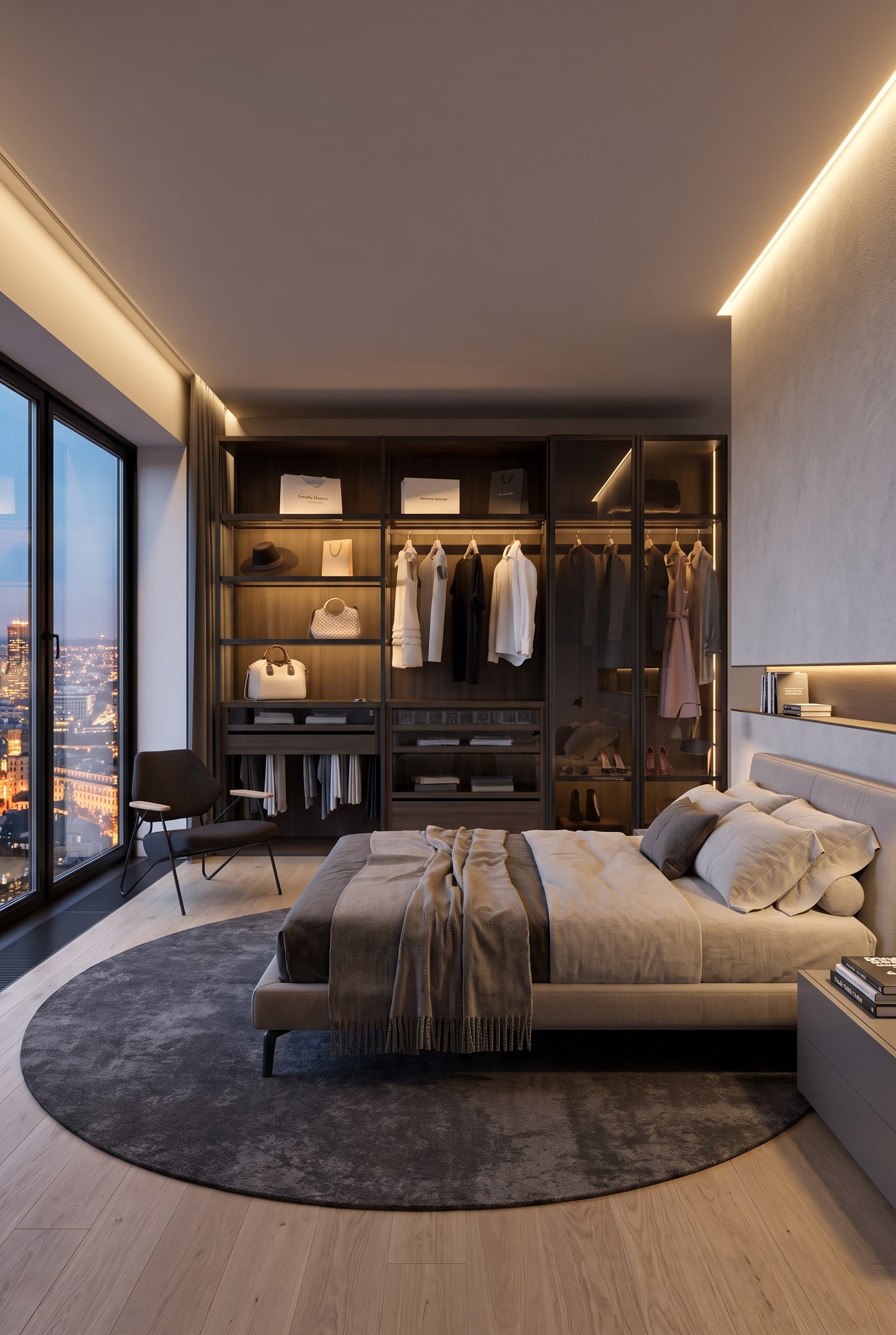 Modernes Schlafzimmer mit rundem Teppich und einem offenen, dunkelbraunen Livitalia Bellavista Kleiderschranksystem im Hintergrund.