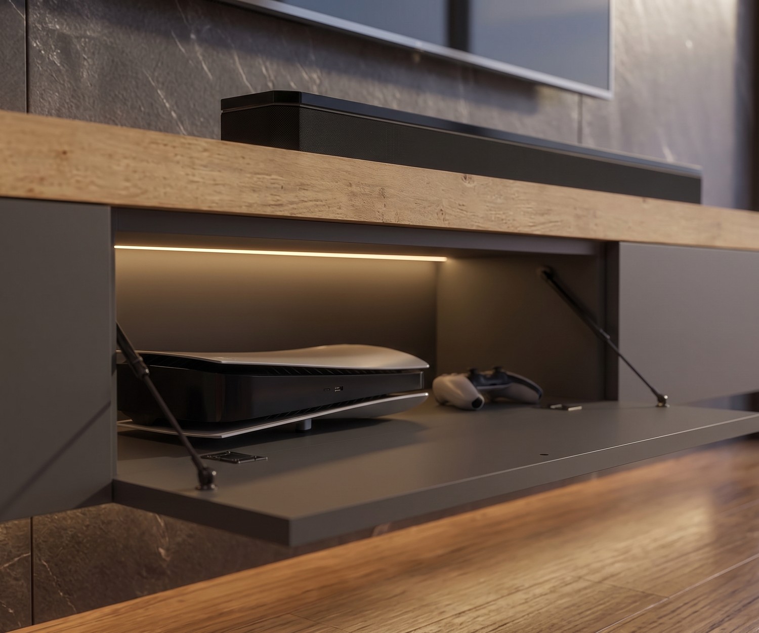 TV Lowboard mit offener Klapptür für elektronische Geräte wie Konsolen und Audio-HIFI-Geräte 