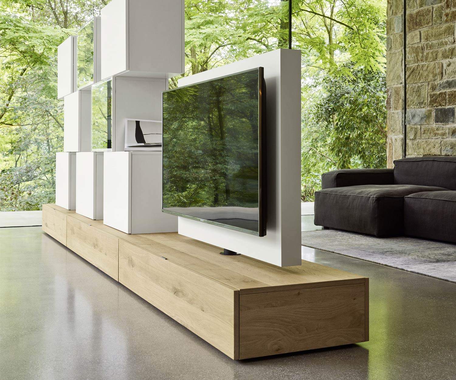 Exklusive Livitalia Design Wohnwand C46 mit drehbarem TV Paneel in Weiß Matt Exklusive Livitalia Design Wohnwand C46 mit drehbarem TV Paneel in Weiß Matt