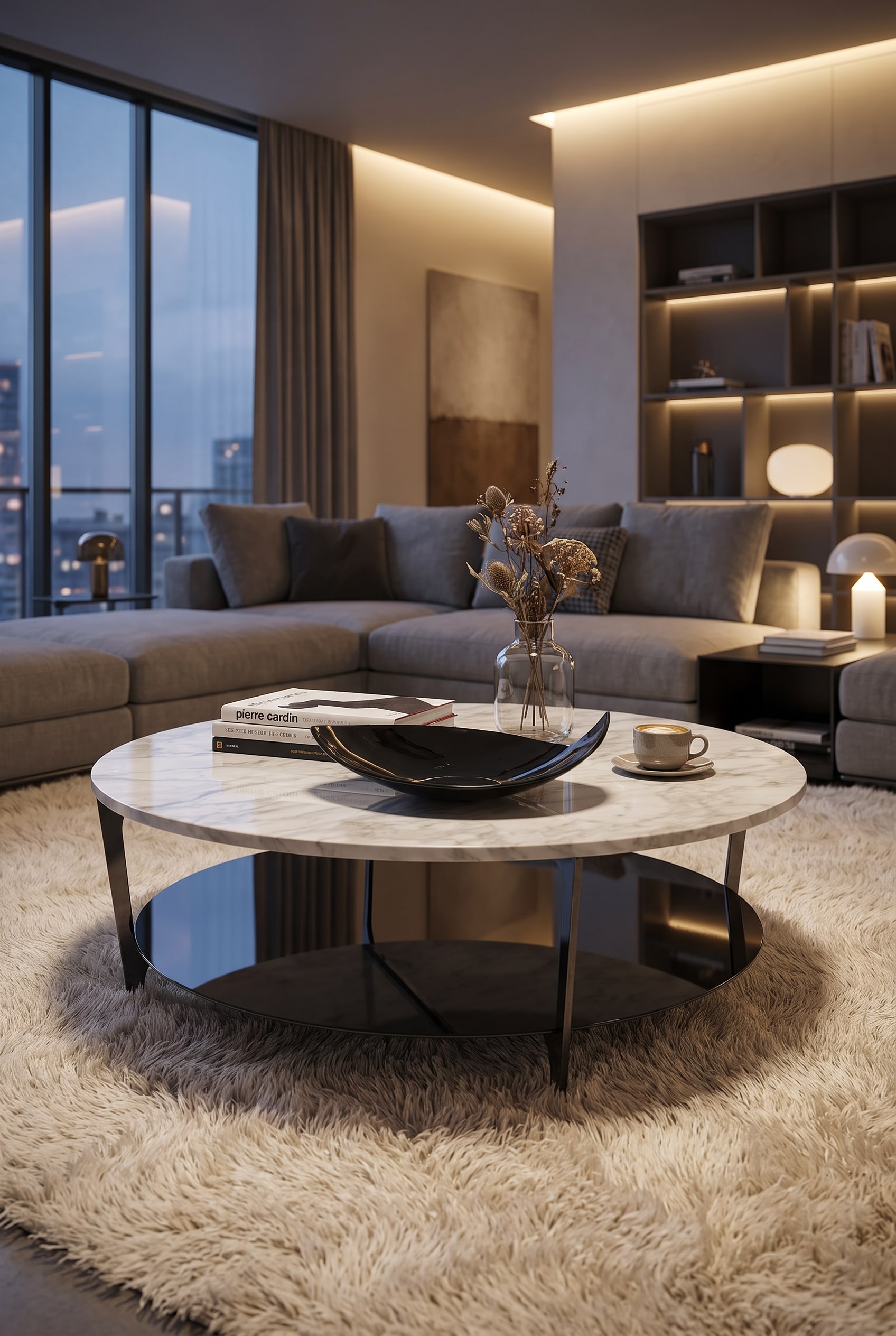 Wohnzimmer im italienischen Luxus-Stil mit einem filigranen Couchtisch, der eine dünne, elegante Tischplatte in dunkelbrauner Marmoroptik auf einem feinen Gestell trägt.