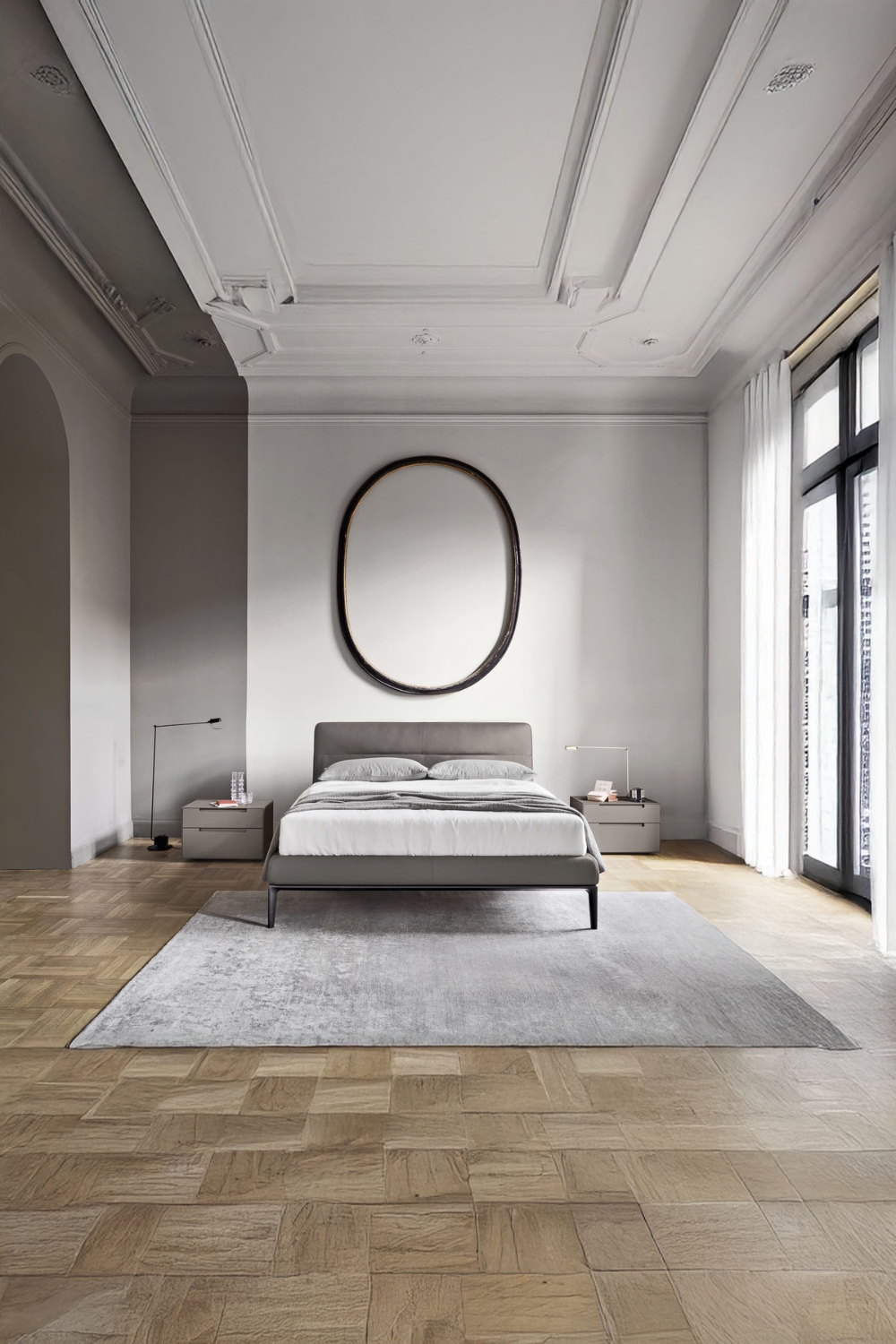 moderne-graue-schlafzimmermoebel-in-einem-altbau-mit-stuckverzierter-decke