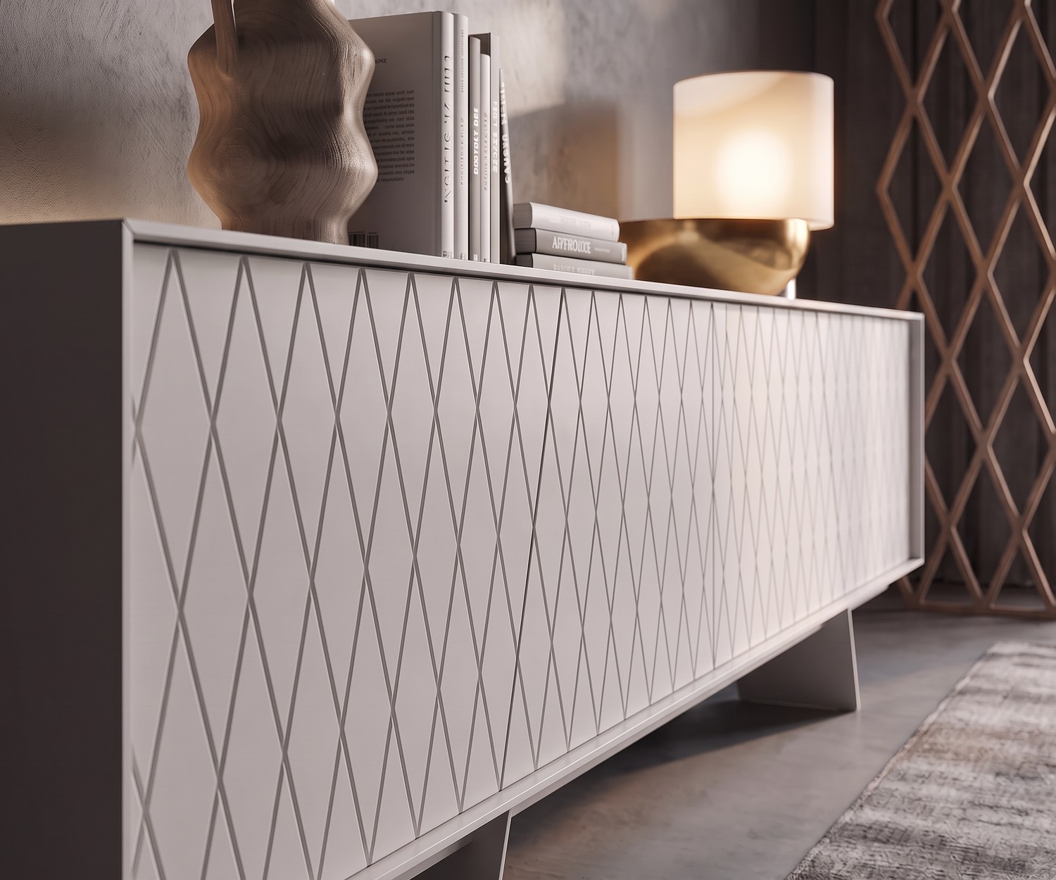 al2 e-klipse 003 Sideboard im Wohnzimmer. Weißes Design-Sideboard mit Rautenmuster, Holz-Deko und Lampe im modernen Stil.