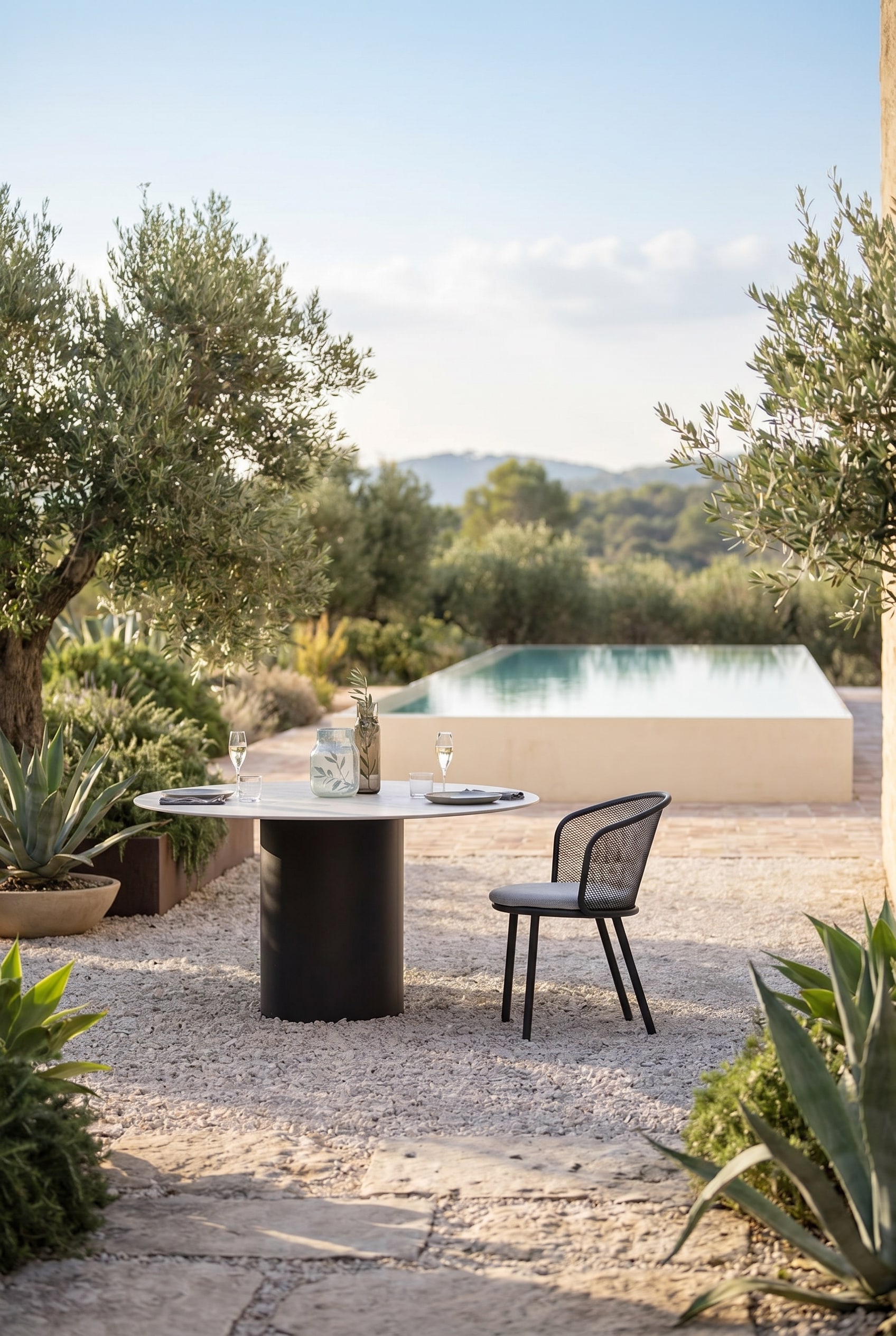 Helle Kies-Terrasse mit rundem Outdoor-Tisch und modernen Gartenstühlen mit gebogener Streckmetall-Rückenlehne in Schwarz