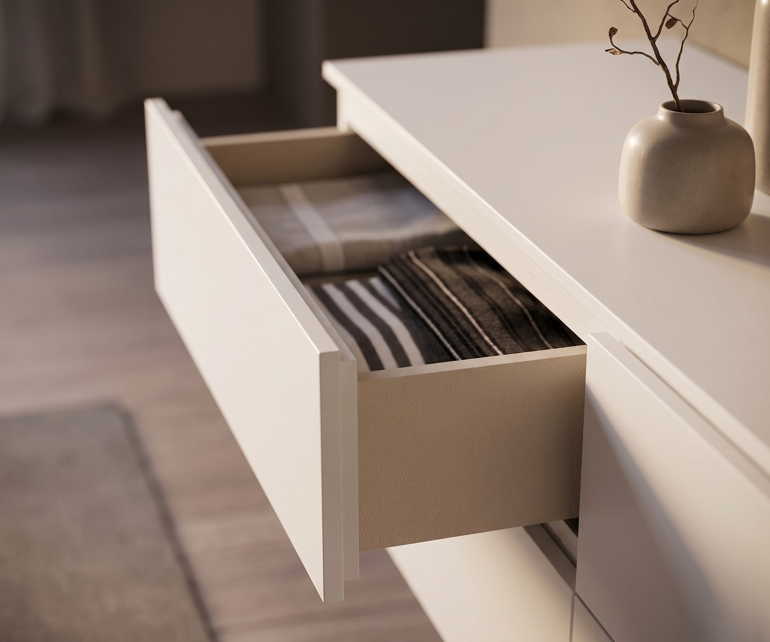Novamobili Hängekommode Easy Hängekommode fürs Schlafzimmer Novamobili Easy mit geöffneter Schublade, beige, modernes minimalistisches Design.