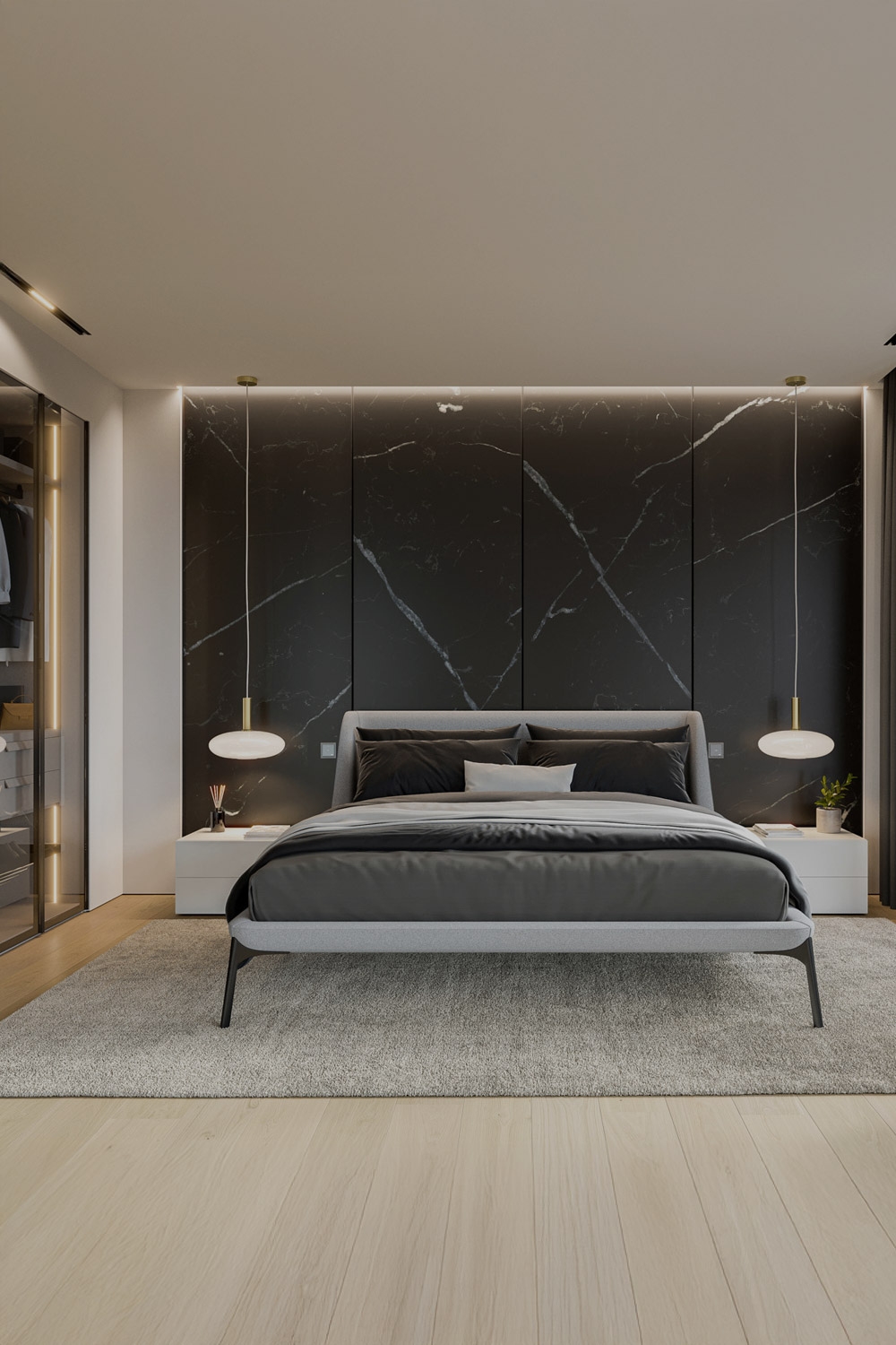 modernes-schlafzimmer-mit-filigran-designtem-bett-grifflosem-nachttisch-und-transparentem-kleiderschrank