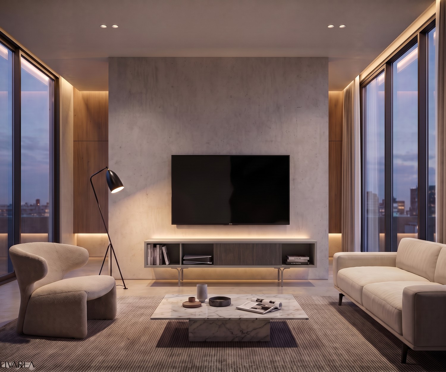al2 Mobius 005 Design-TV-Lowboard al2 Mobius 005 TV-Lowboard im modernen Wohnzimmer mit grauem Korpus, Holzschublade und grazilen Beinen vor Betonwand