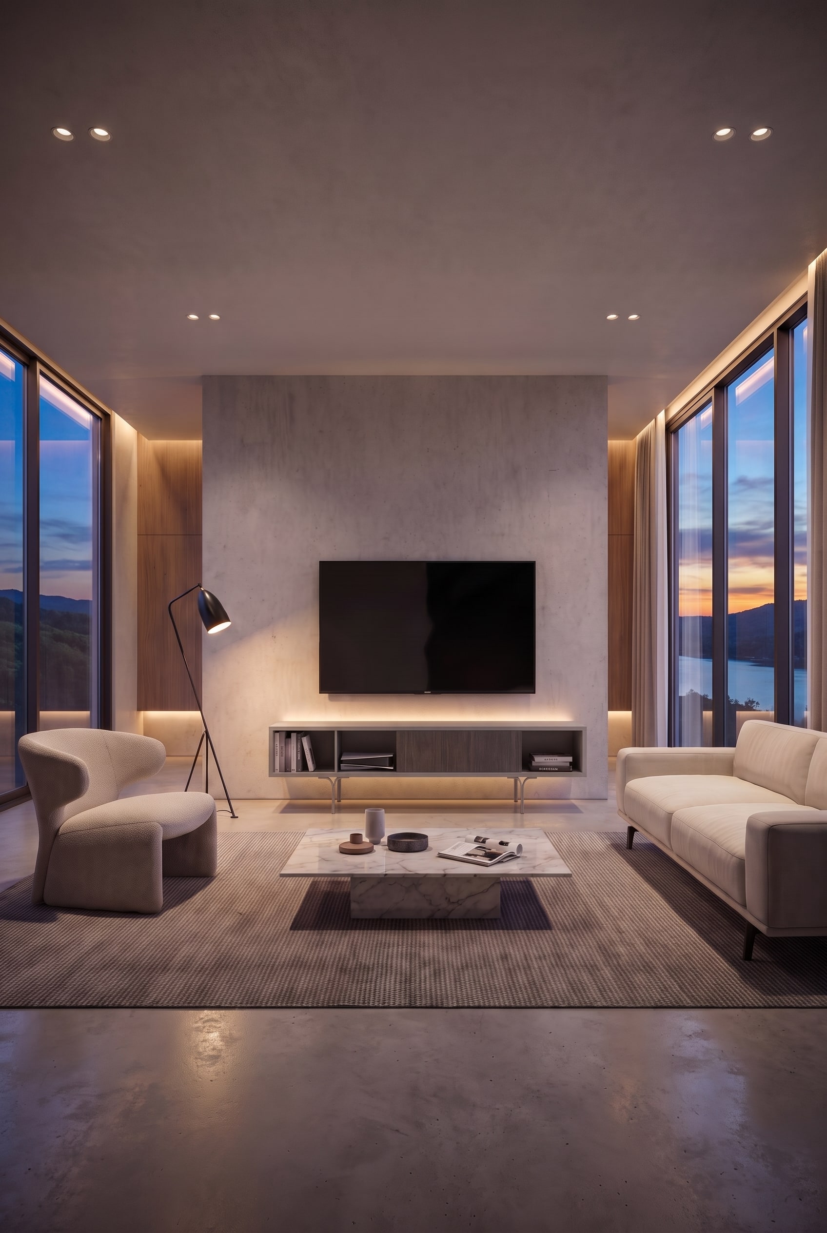 Helles Designer-Lowboard vor einer Sichtbetonwand, symmetrisch flankiert von zwei hellen Sofas in einem modernen Wohnzimmer.