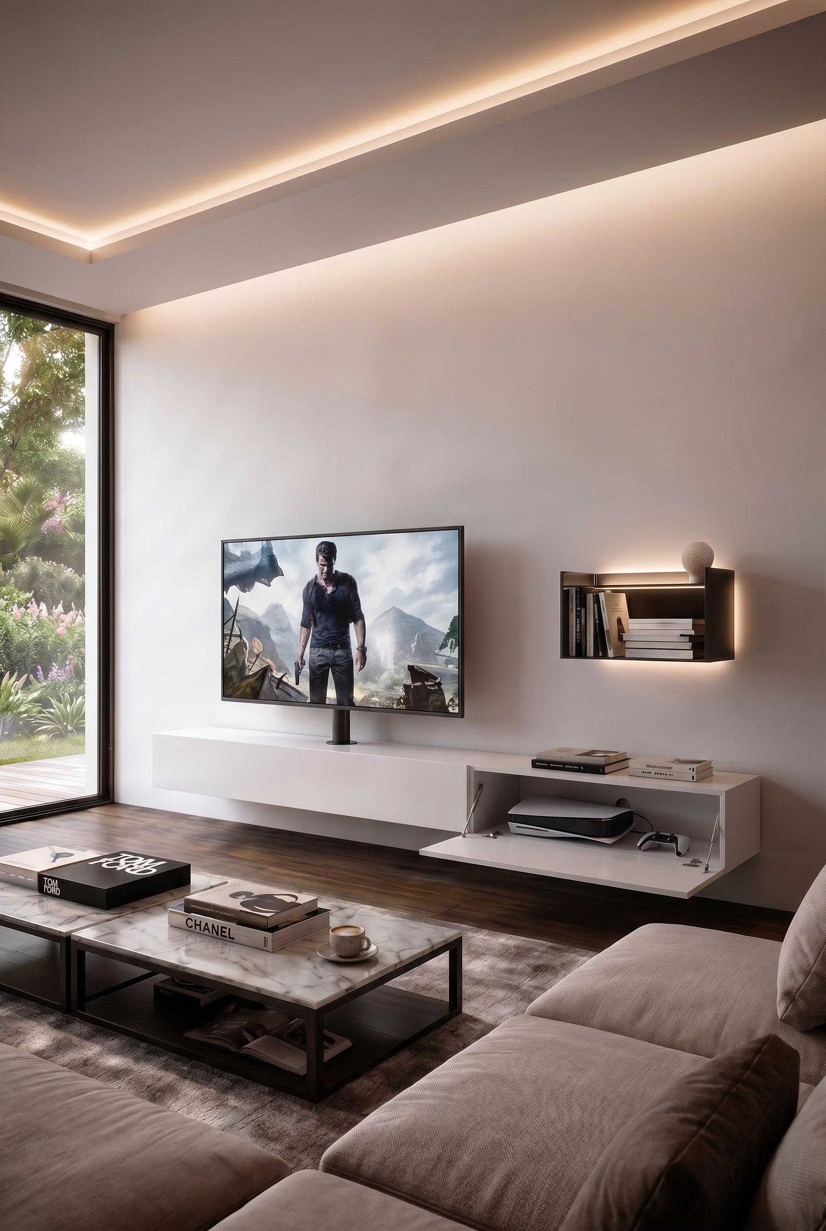 Minimalistisches Wohnzimmer mit mattwei&szlig;em Lowboard, Fernseher und modernem Couchtisch