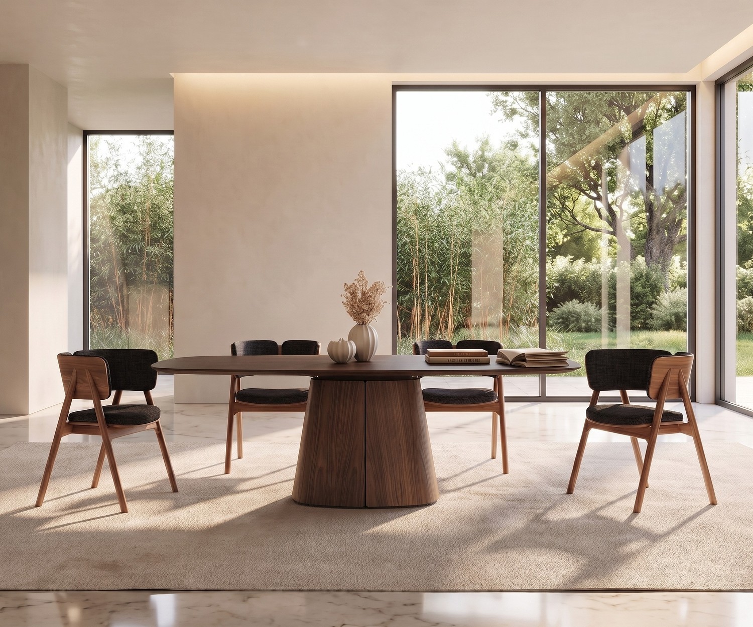 al2 tessera 001 Design Esstisch oval aus Holz im hellen Esszimmer mit Designstühlen und Blick ins Grüne.