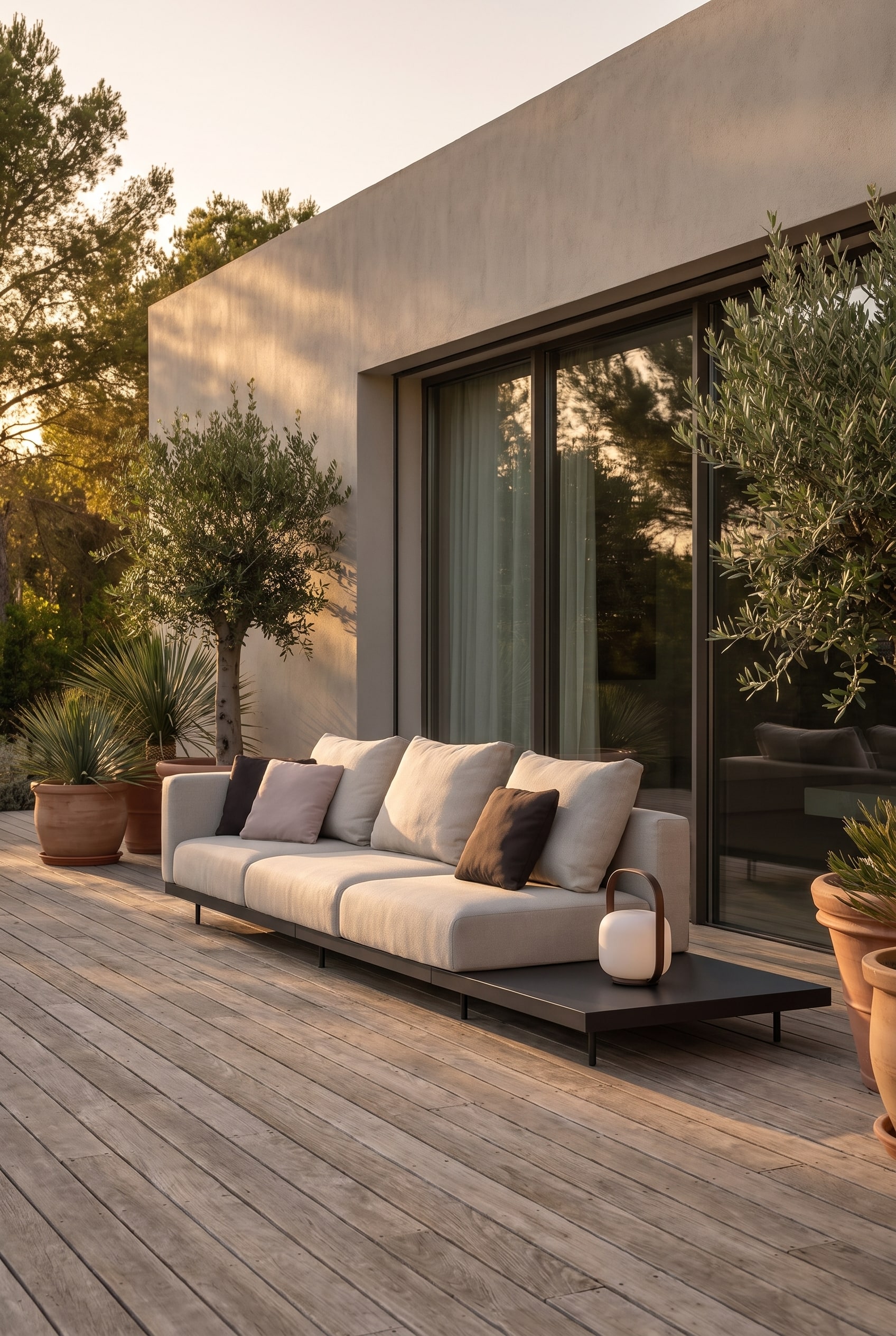 Holzterrasse mit schattigem Loungebereich, ausgestattet mit einem gro&szlig;en, beigefarbenen Outdoor-Modulsofa vor einer modernen, angedeuteten Hauswand