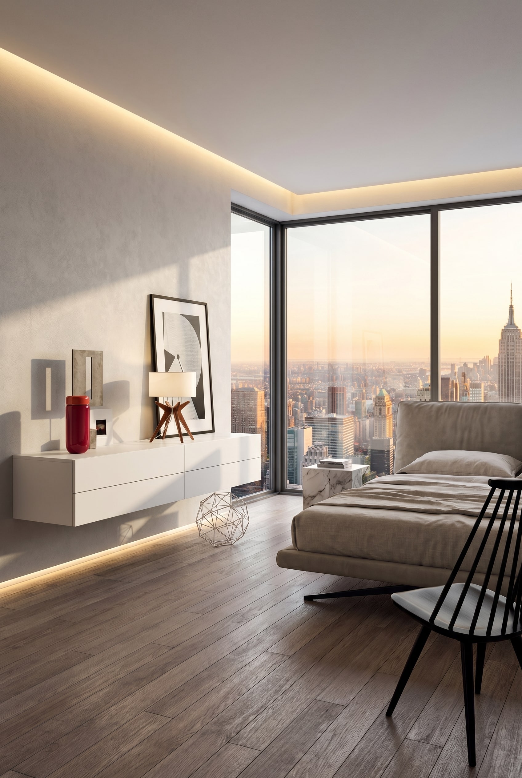 Eine grifflose schwebende Kommode mit vier Schubladen in einem aufgeräumten Wohnbereich. Eine grifflose schwebende Kommode mit vier Schubladen in einem aufgeräumten Wohnbereich.