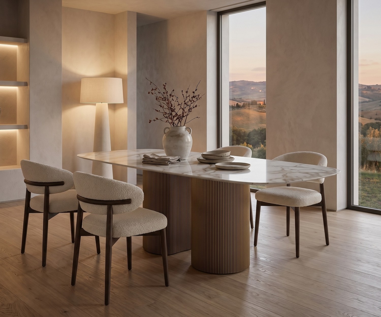 Ovaler Design-Esstisch al2 dakry b 001 | Livarea al2 dakry b 001 ovaler Design-Esstisch im minimalistischen Esszimmer mit Boucl9-St9hlen und warmem Licht.