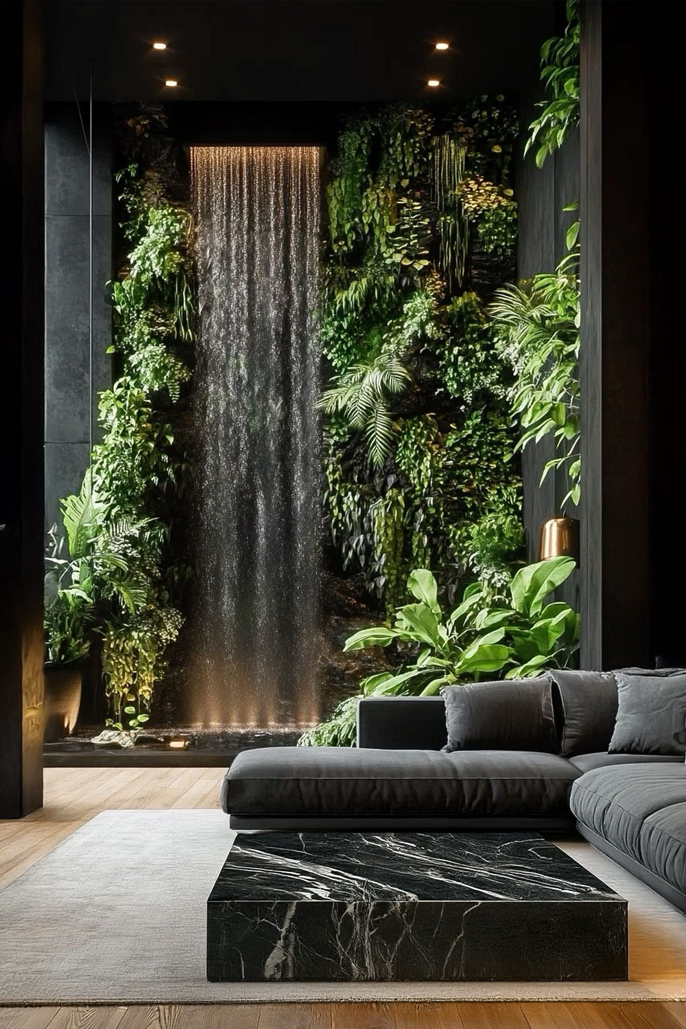 dschungel-wand-mit-extra-viel-gruen-und-wasserfall-vor-passendem-tisch-aus-naturmaterial