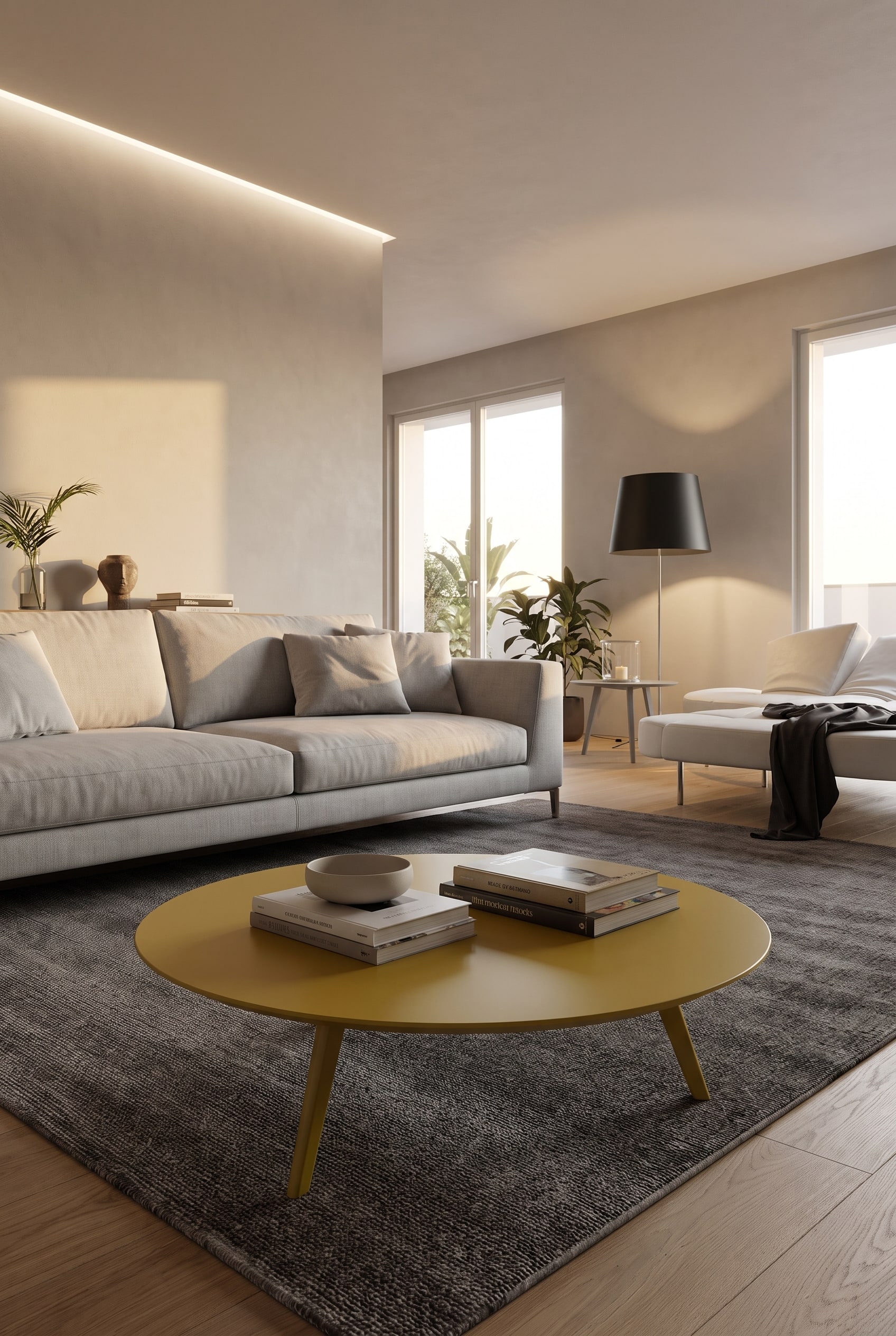 Ein matter, senfgelber Couchtisch setzt einen starken Farbkontrast vor einem hellgrauen Sofa in einem modernen Wohnzimmer.